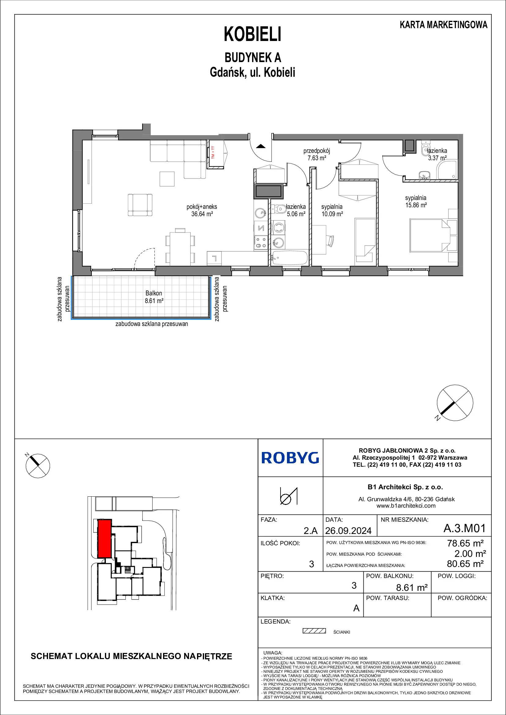 Mieszkanie 78,65 m², piętro 3, oferta nr A.3M01, KOBIELI 4, Gdańsk, Brzeźno, ul. Bogumiła Kobieli / Gdańska