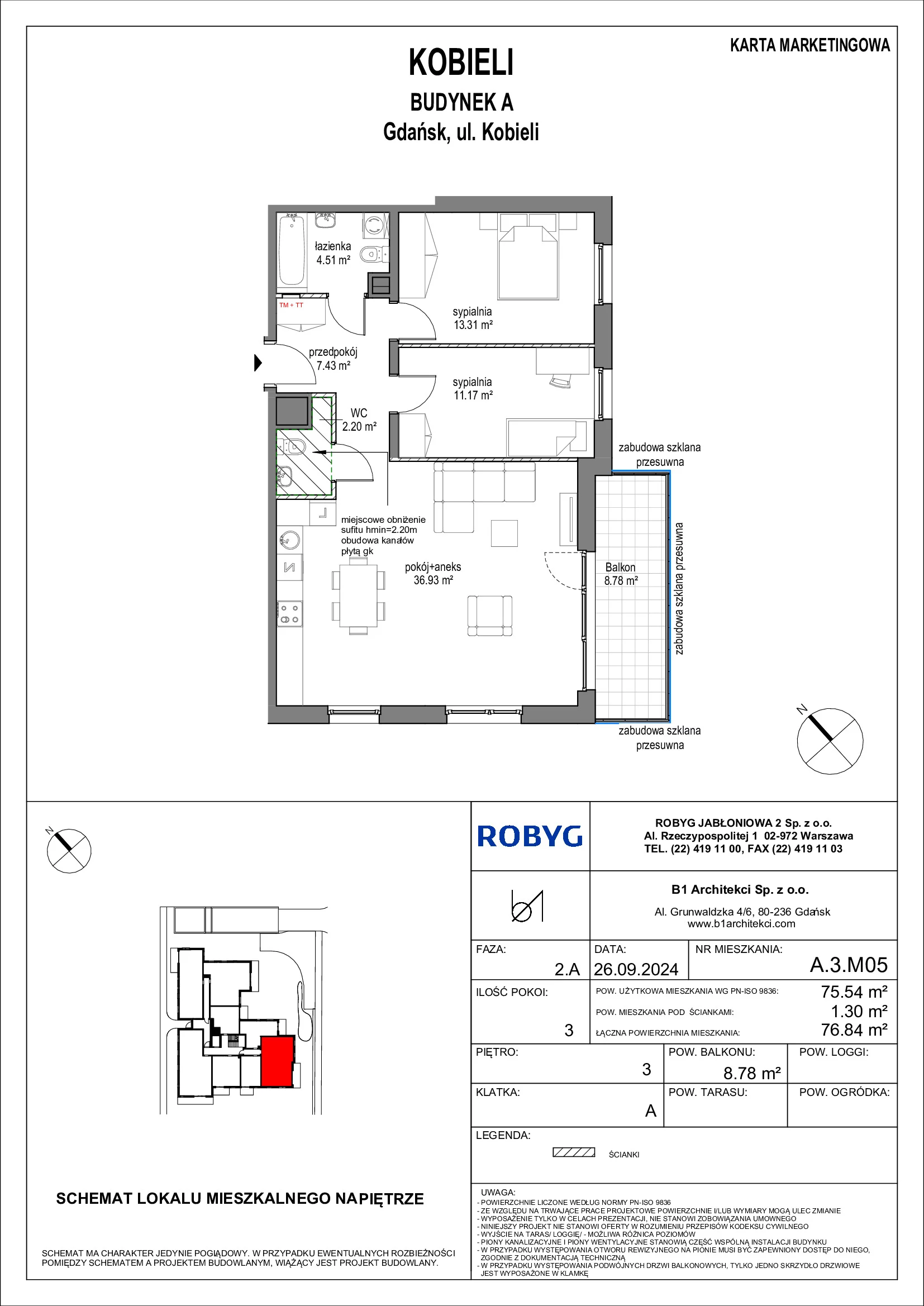 Mieszkanie 75,54 m², piętro 3, oferta nr A.3M05, KOBIELI 4, Gdańsk, Brzeźno, ul. Bogumiła Kobieli / Gdańska