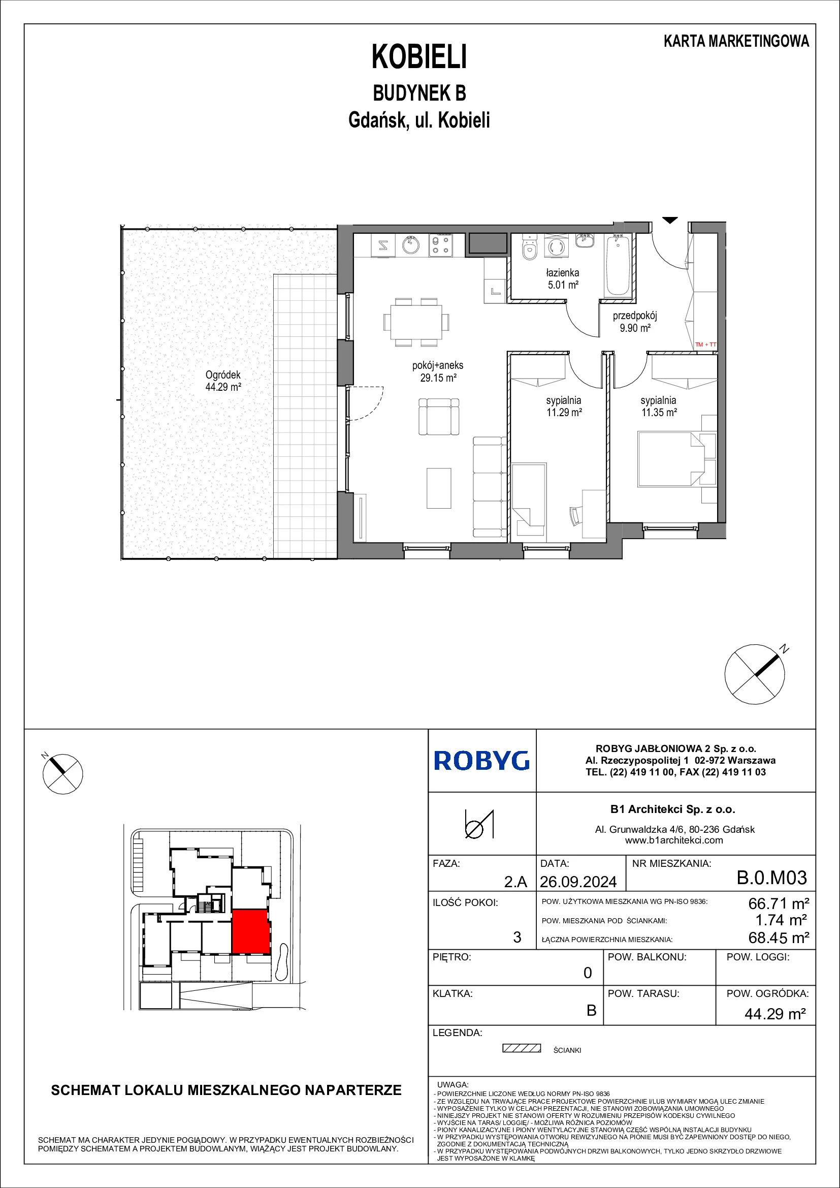 Mieszkanie 66,71 m², parter, oferta nr B.0M03, KOBIELI 4, Gdańsk, Brzeźno, ul. Bogumiła Kobieli / Gdańska