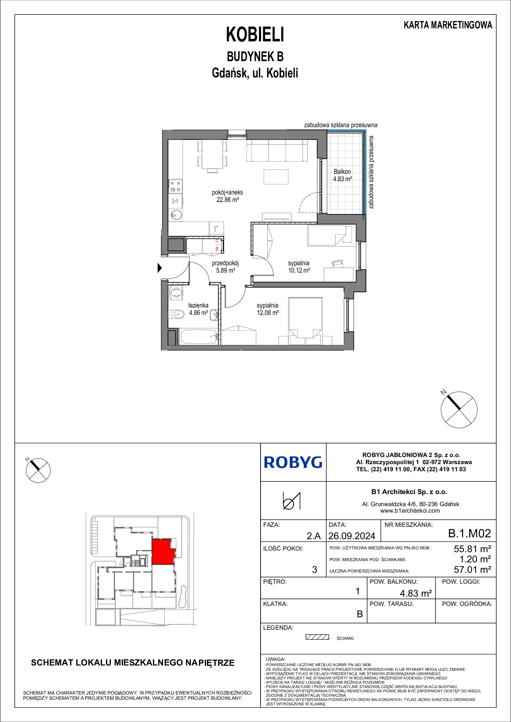 Mieszkanie 55,81 m², piętro 1, oferta nr B.1M02, KOBIELI 4, Gdańsk, Brzeźno, ul. Bogumiła Kobieli / Gdańska