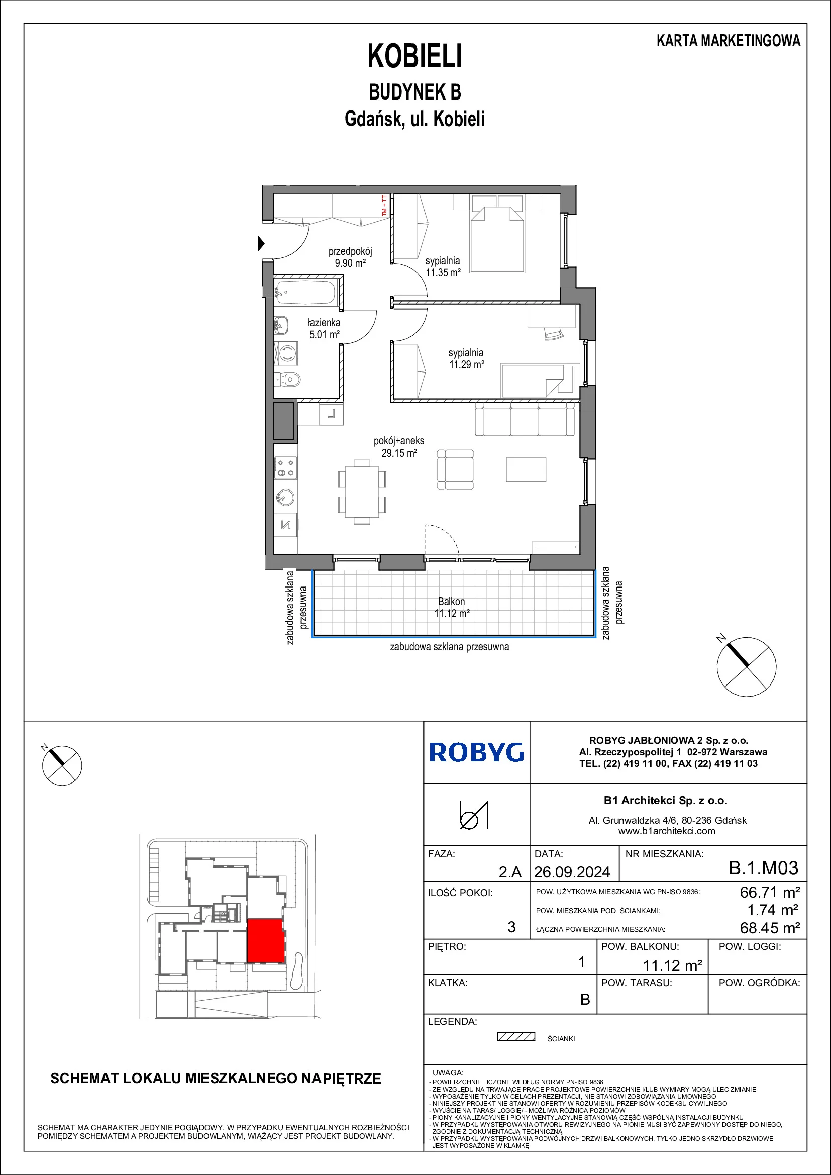 Mieszkanie 66,71 m², piętro 1, oferta nr B.1M03, KOBIELI 4, Gdańsk, Brzeźno, ul. Bogumiła Kobieli / Gdańska