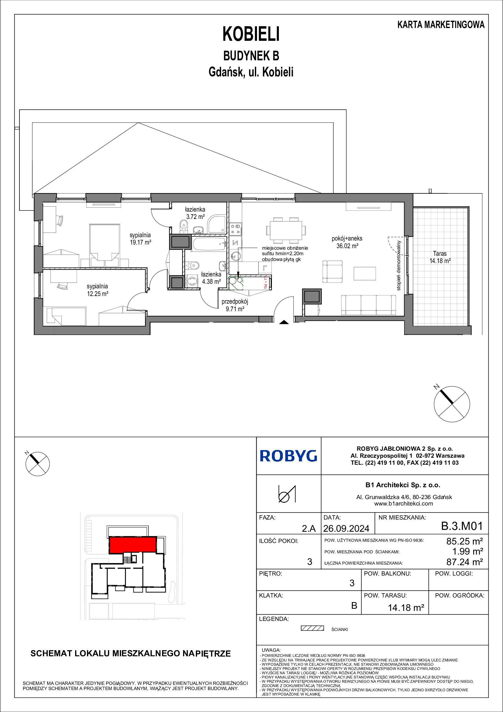 3 pokoje, mieszkanie 85,14 m², piętro 3, oferta nr B.3M01, KOBIELI 4, Gdańsk, Brzeźno, ul. Bogumiła Kobieli / Gdańska