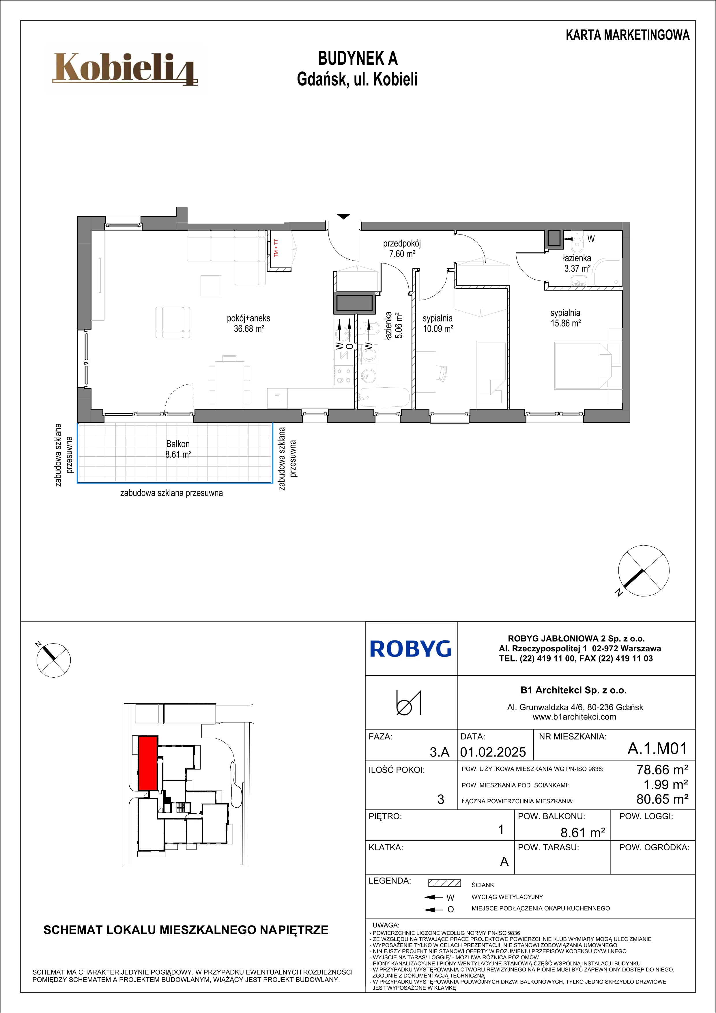 3 pokoje, mieszkanie 78,66 m², piętro 1, oferta nr A.1M01, KOBIELI 4, Gdańsk, Brzeźno, ul. Bogumiła Kobieli / Gdańska