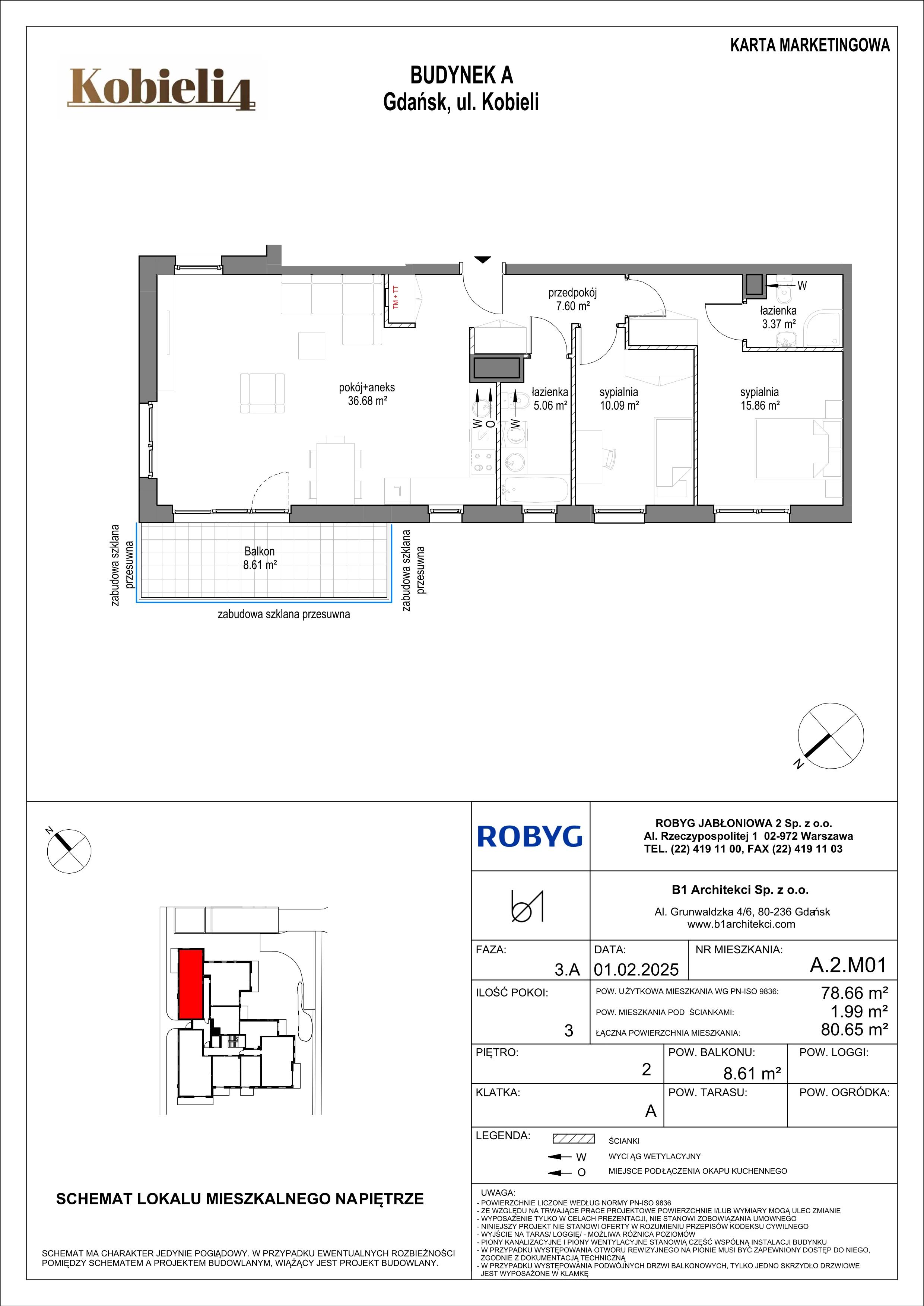 3 pokoje, mieszkanie 78,66 m², piętro 2, oferta nr A.2M01, KOBIELI 4, Gdańsk, Brzeźno, ul. Bogumiła Kobieli / Gdańska