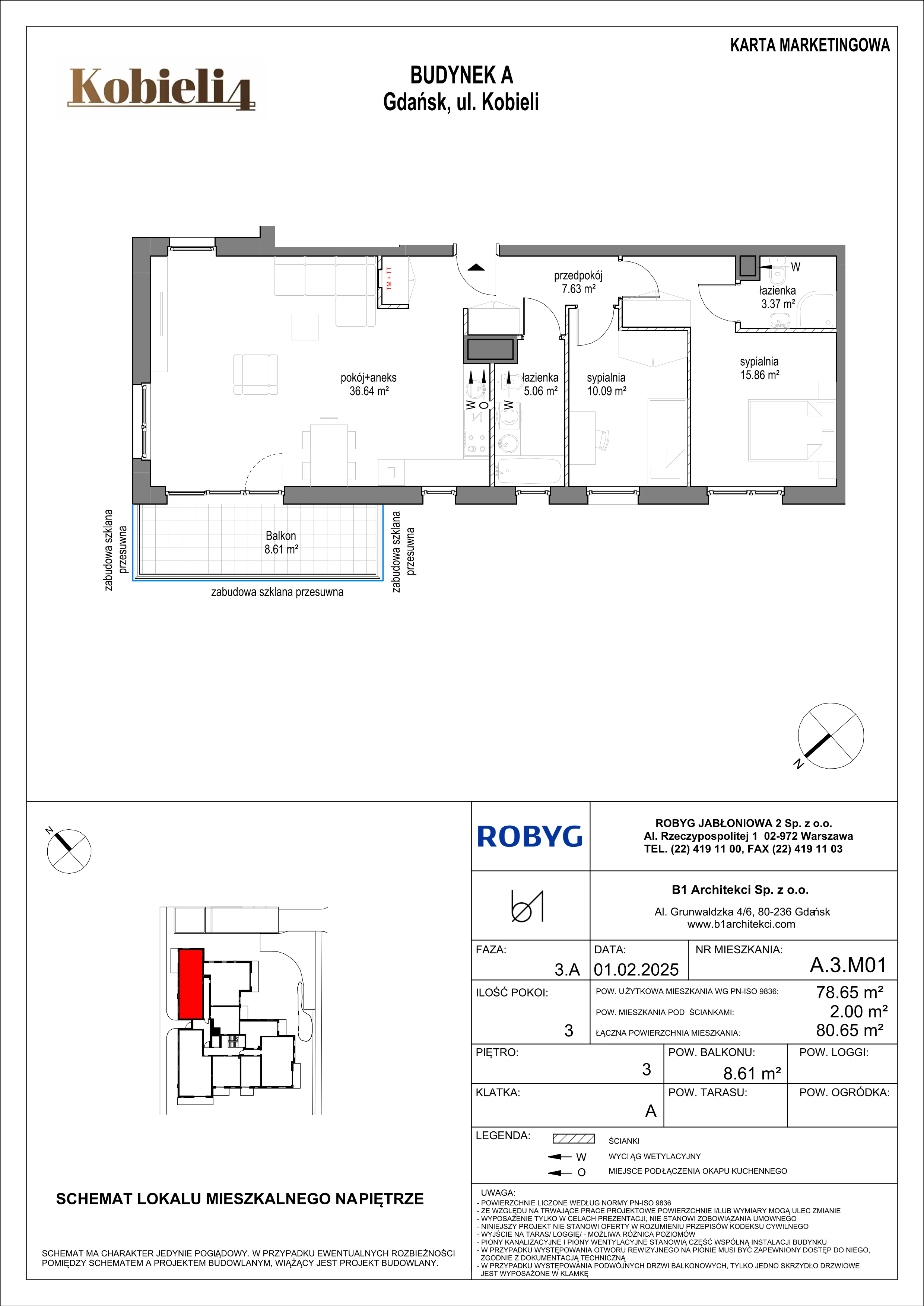 3 pokoje, mieszkanie 78,65 m², piętro 3, oferta nr A.3M01, KOBIELI 4, Gdańsk, Brzeźno, ul. Bogumiła Kobieli / Gdańska