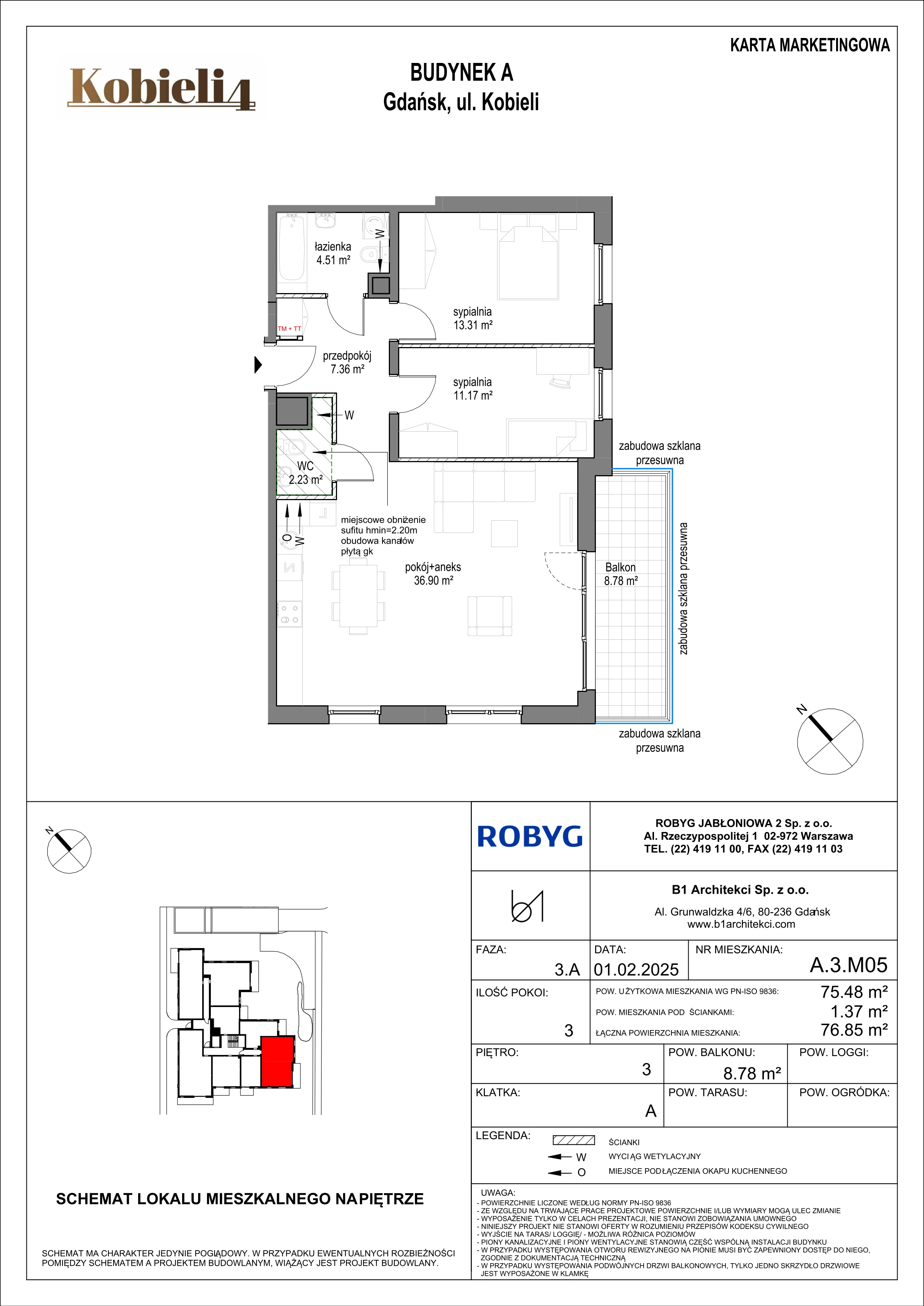 3 pokoje, mieszkanie 75,48 m², piętro 3, oferta nr A.3M05, KOBIELI 4, Gdańsk, Brzeźno, ul. Bogumiła Kobieli / Gdańska