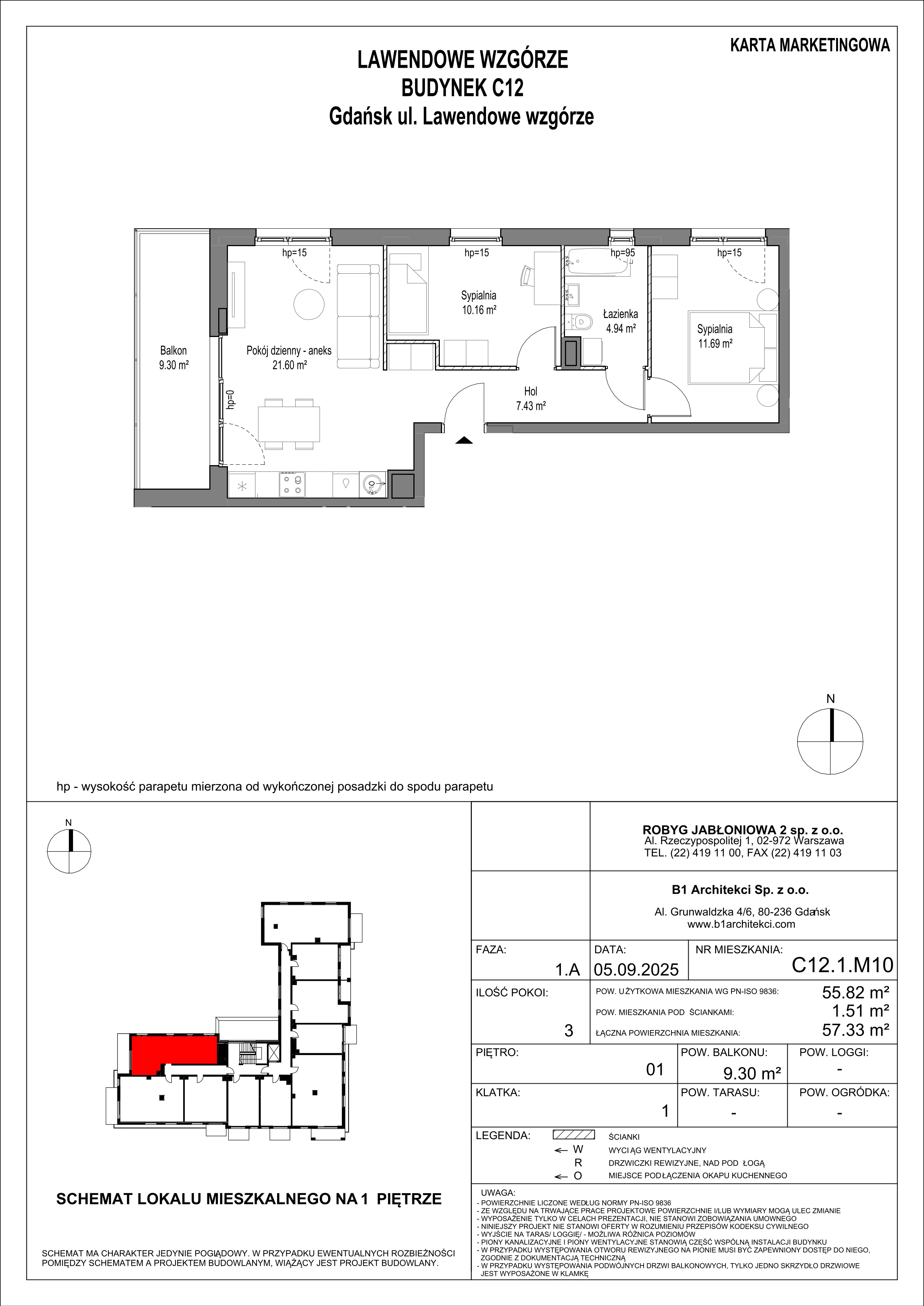 3 pokoje, mieszkanie 55,81 m², piętro 1, oferta nr C12.1M10, Lawendowe Wzgórza, Gdańsk, Jasień, ul. Lawendowe Wzgórze
