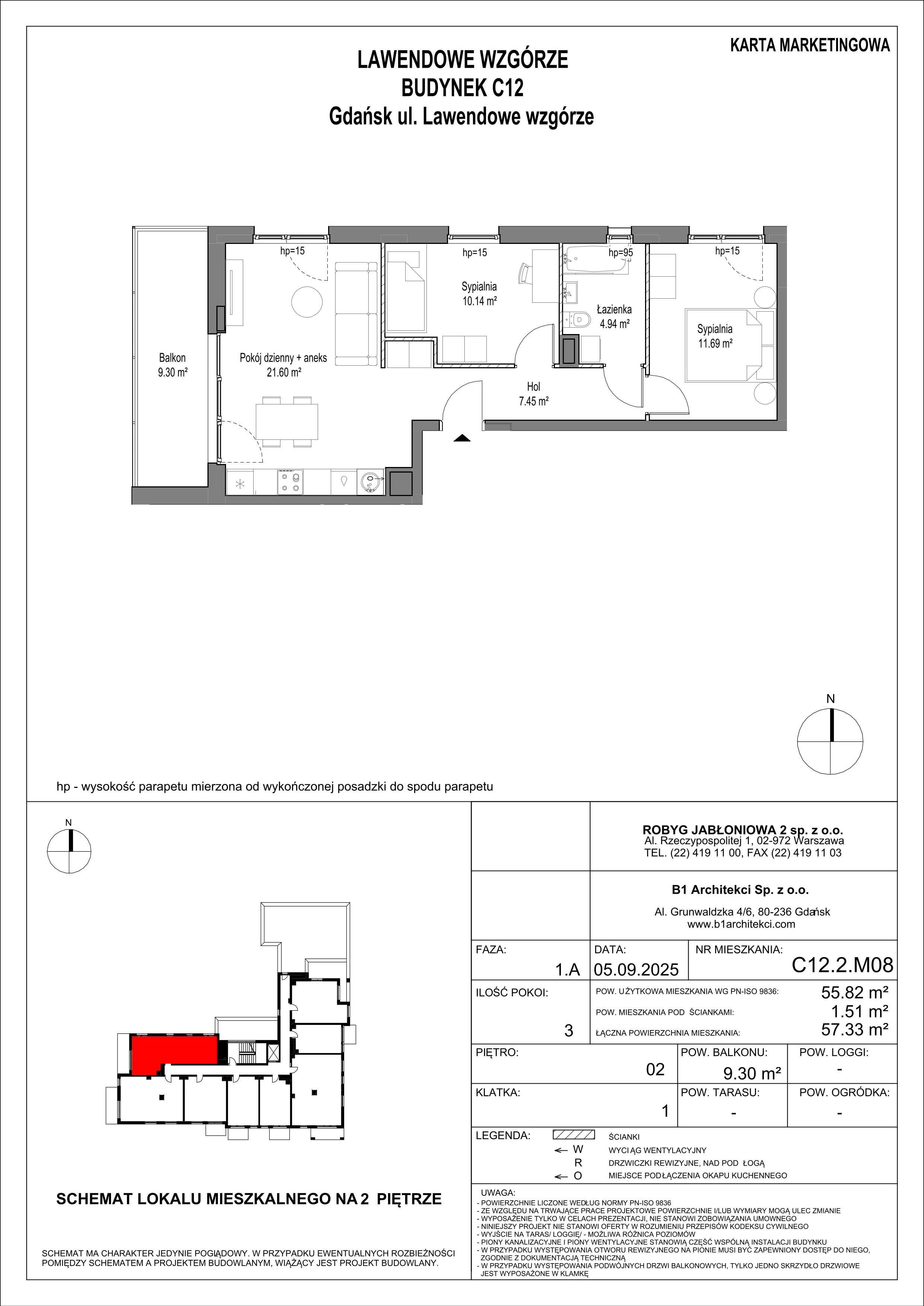 3 pokoje, mieszkanie 55,81 m², piętro 2, oferta nr C12.2M08, Lawendowe Wzgórza, Gdańsk, Jasień, ul. Lawendowe Wzgórze