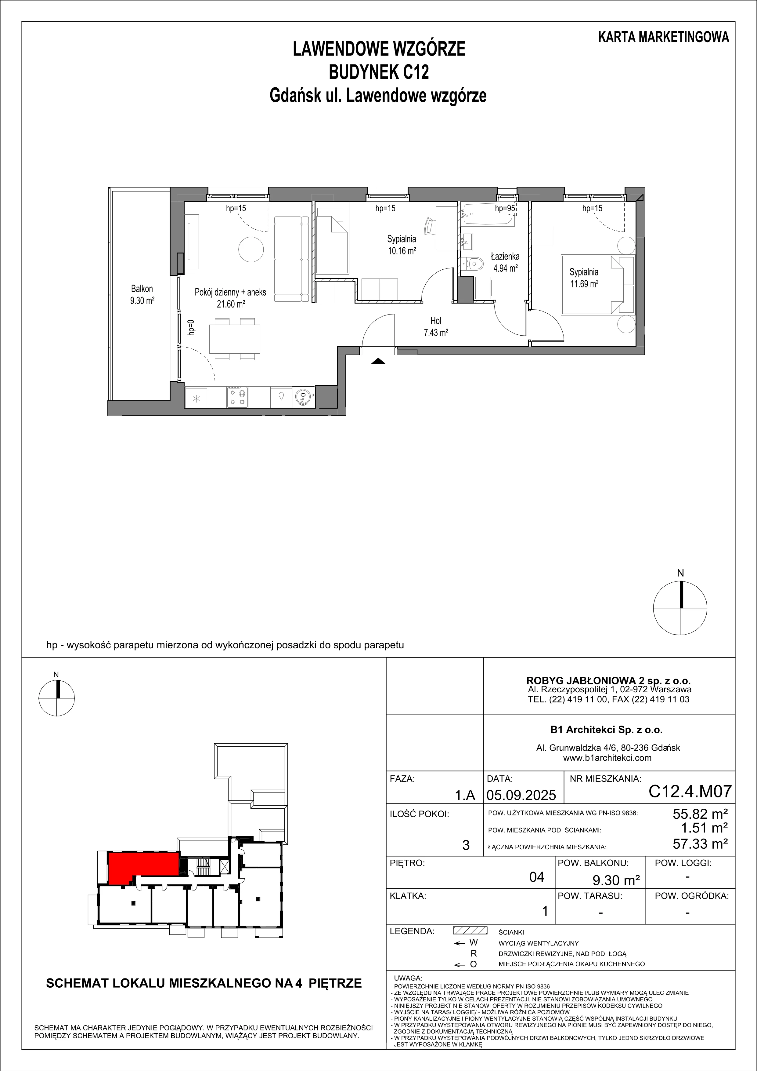 3 pokoje, mieszkanie 55,81 m², piętro 4, oferta nr C12.4M07, Lawendowe Wzgórza, Gdańsk, Jasień, ul. Lawendowe Wzgórze
