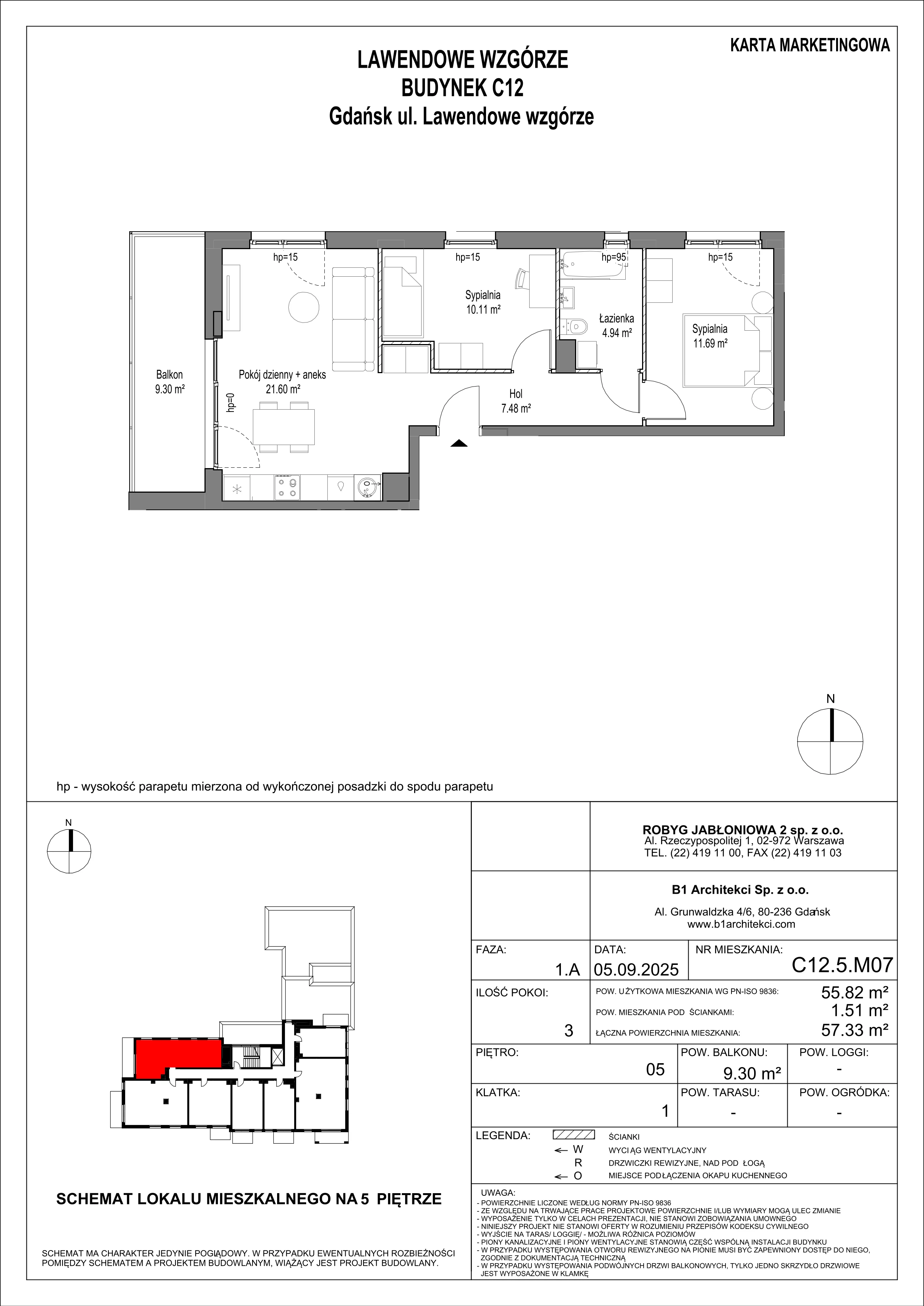 3 pokoje, mieszkanie 55,81 m², piętro 5, oferta nr C12.5M07, Lawendowe Wzgórza, Gdańsk, Jasień, ul. Lawendowe Wzgórze