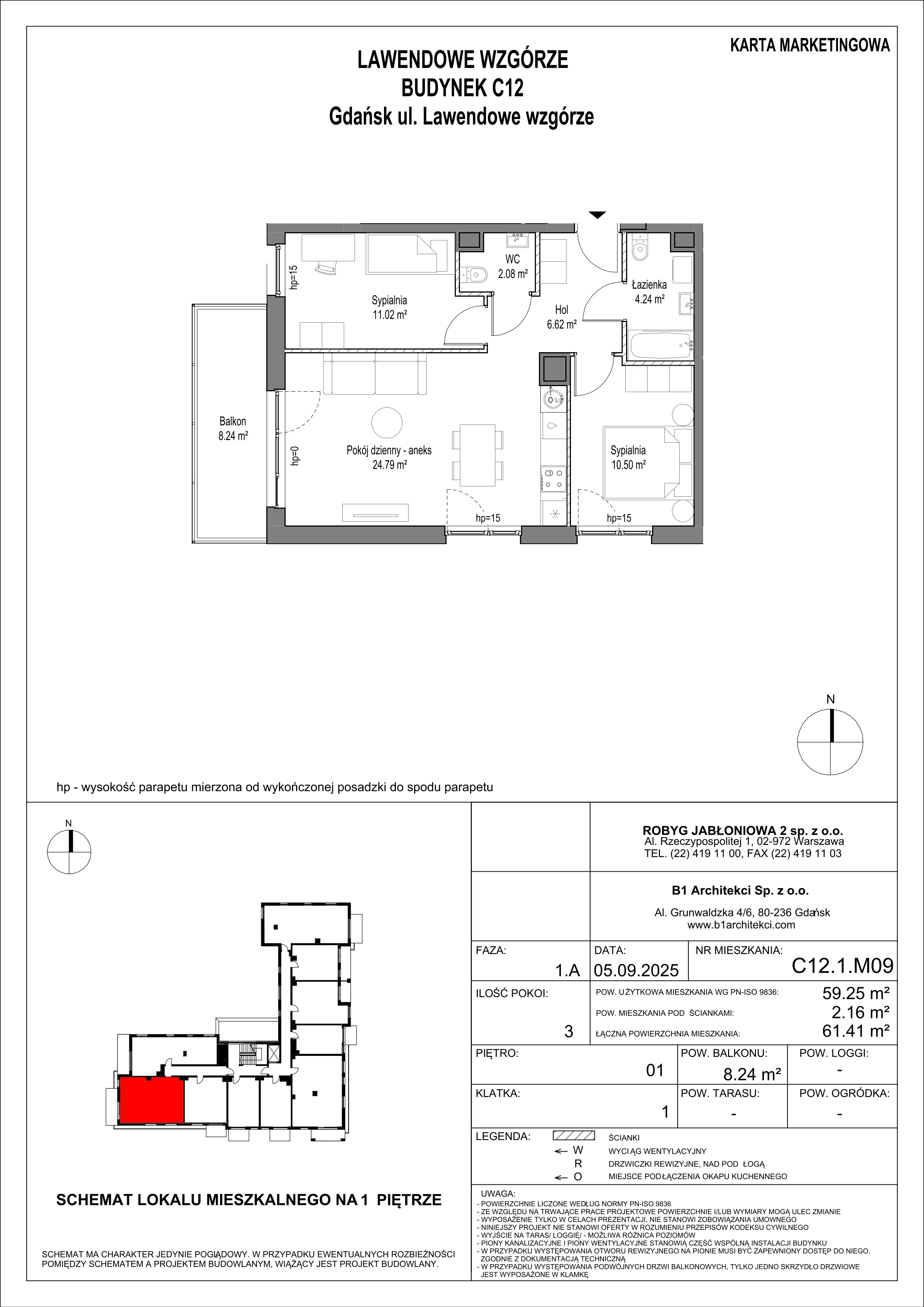 3 pokoje, mieszkanie 59,26 m², piętro 1, oferta nr C12.1M09, Lawendowe Wzgórza, Gdańsk, Jasień, ul. Lawendowe Wzgórze