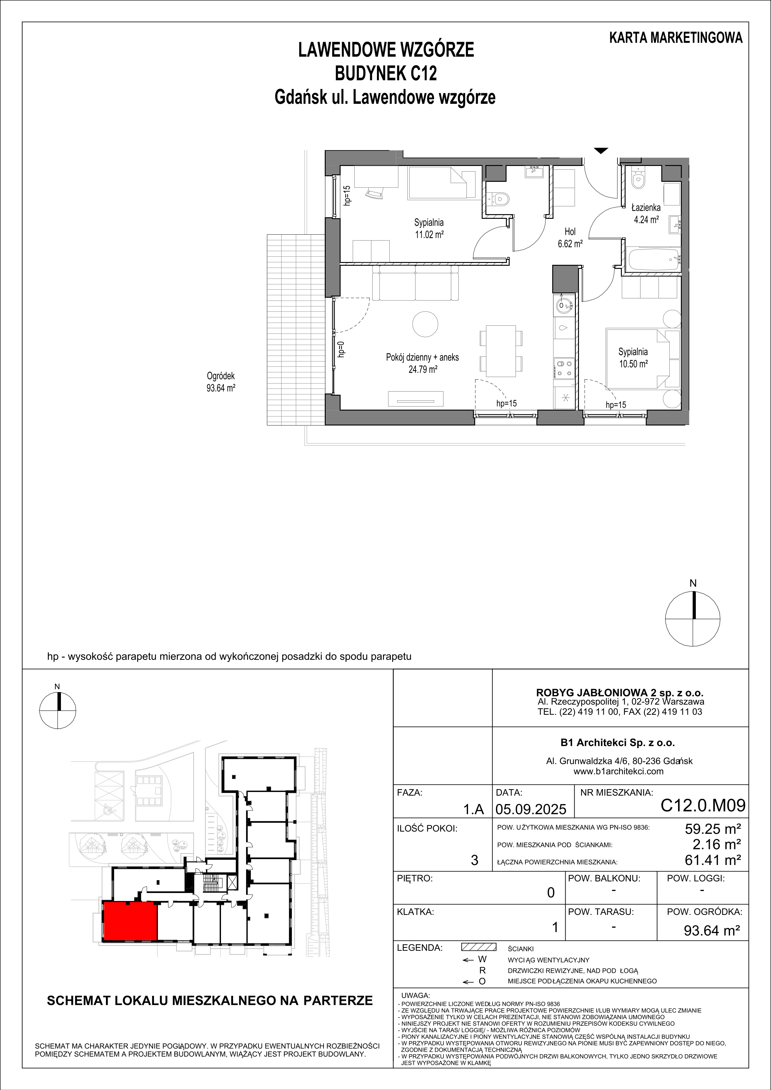 3 pokoje, mieszkanie 59,26 m², parter, oferta nr C12.0M09, Lawendowe Wzgórza, Gdańsk, Jasień, ul. Lawendowe Wzgórze