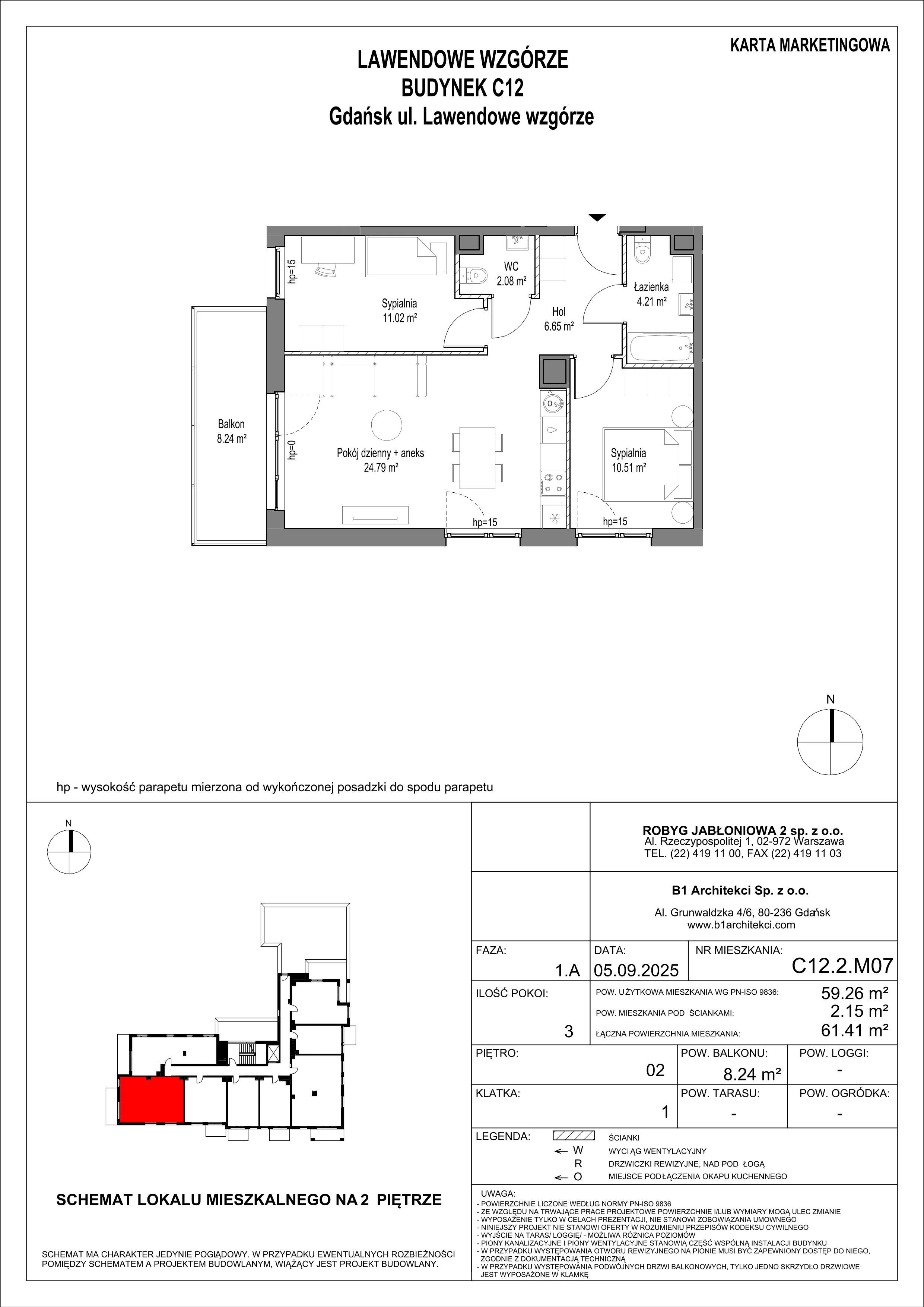 3 pokoje, mieszkanie 59,26 m², piętro 2, oferta nr C12.2M07, Lawendowe Wzgórza, Gdańsk, Jasień, ul. Lawendowe Wzgórze