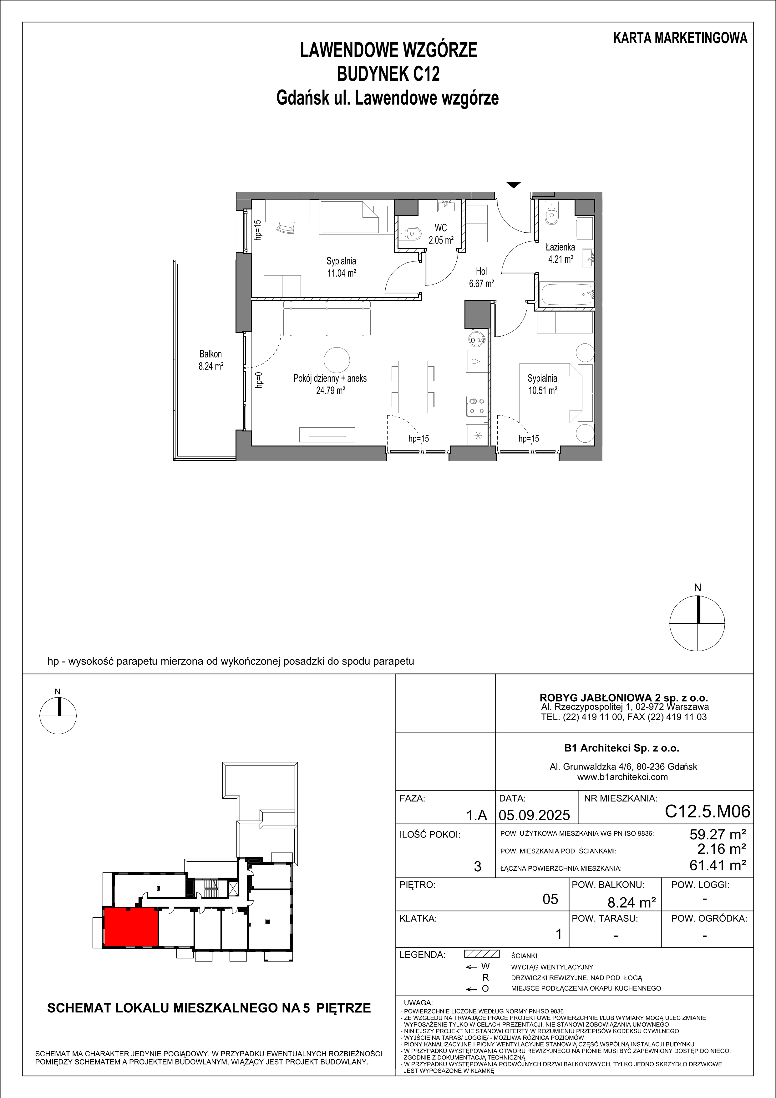 3 pokoje, mieszkanie 59,26 m², piętro 5, oferta nr C12.5M06, Lawendowe Wzgórza, Gdańsk, Jasień, ul. Lawendowe Wzgórze