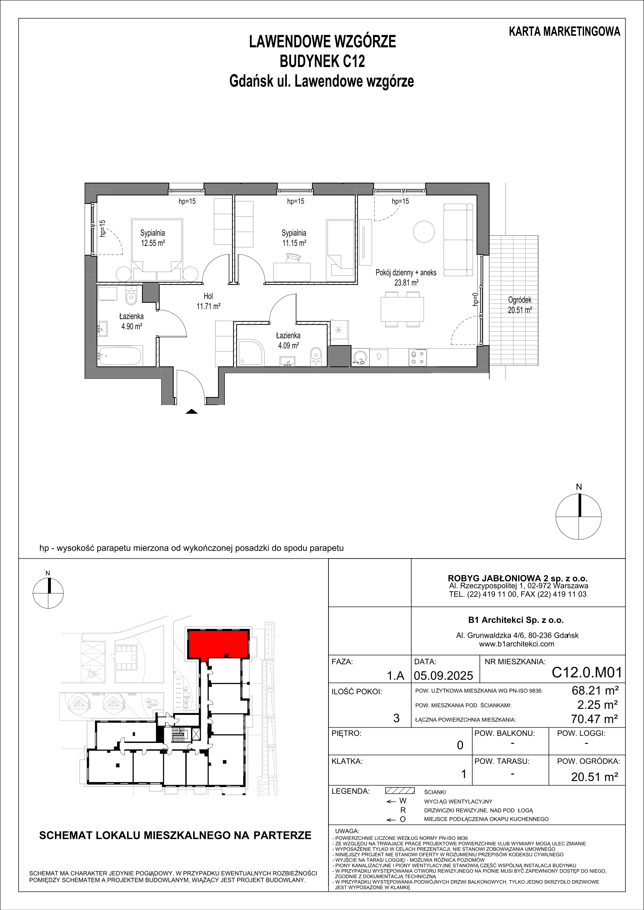 3 pokoje, mieszkanie 68,21 m², parter, oferta nr C12.0M01, Lawendowe Wzgórza, Gdańsk, Jasień, ul. Lawendowe Wzgórze