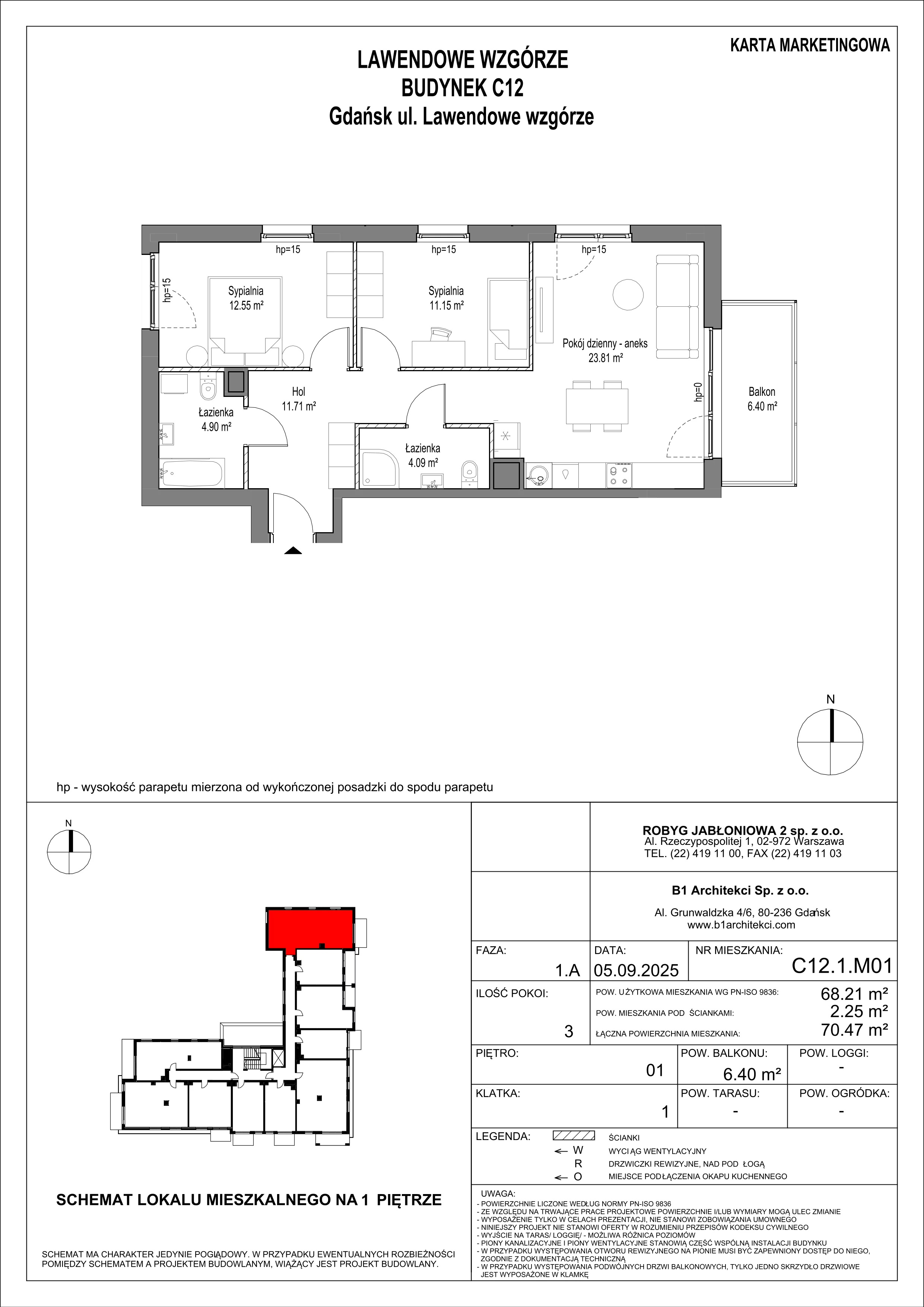 3 pokoje, mieszkanie 68,21 m², piętro 1, oferta nr C12.1M01, Lawendowe Wzgórza, Gdańsk, Jasień, ul. Lawendowe Wzgórze