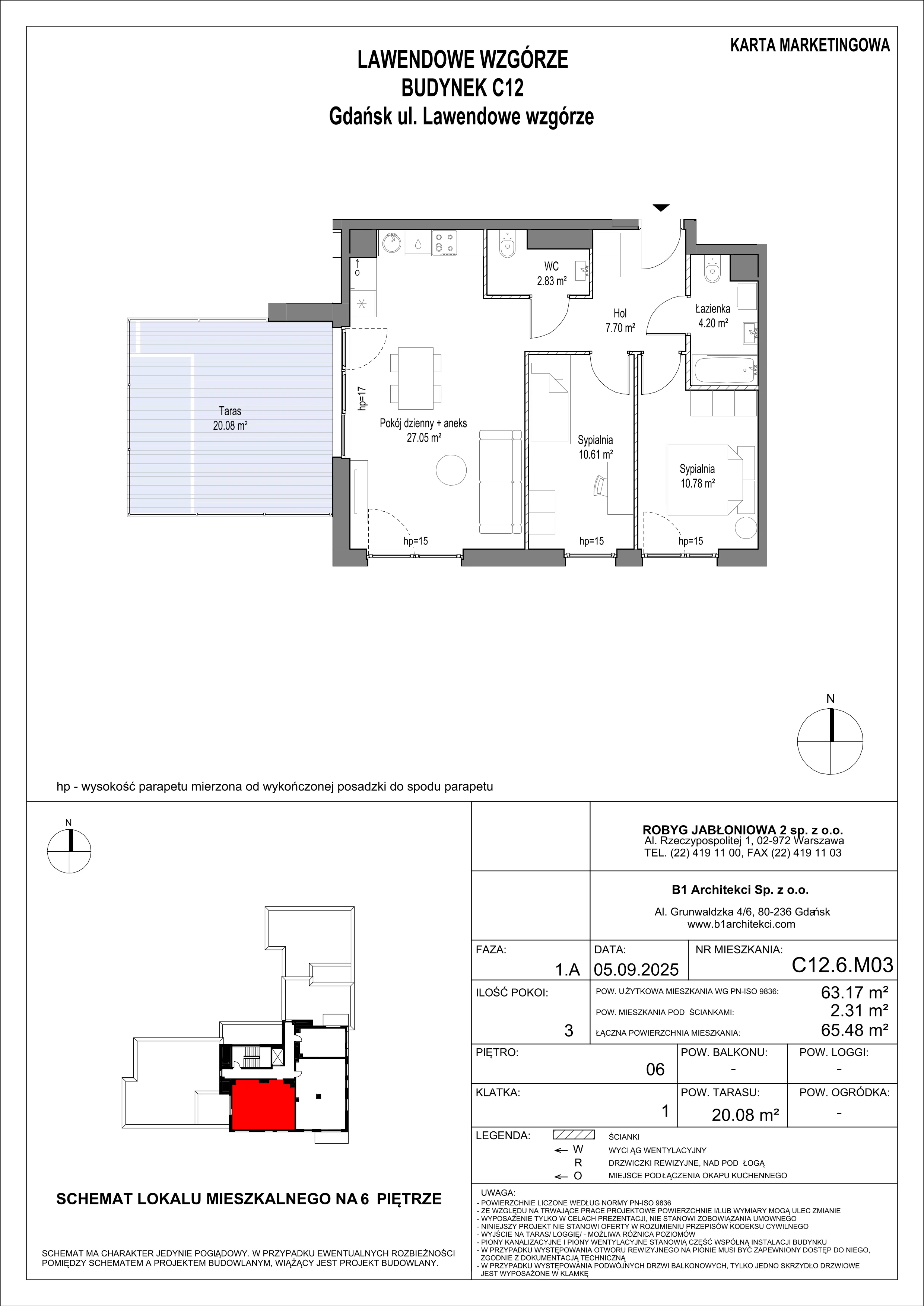 3 pokoje, mieszkanie 63,17 m², piętro 6, oferta nr C12.6M03, Lawendowe Wzgórza, Gdańsk, Jasień, ul. Lawendowe Wzgórze