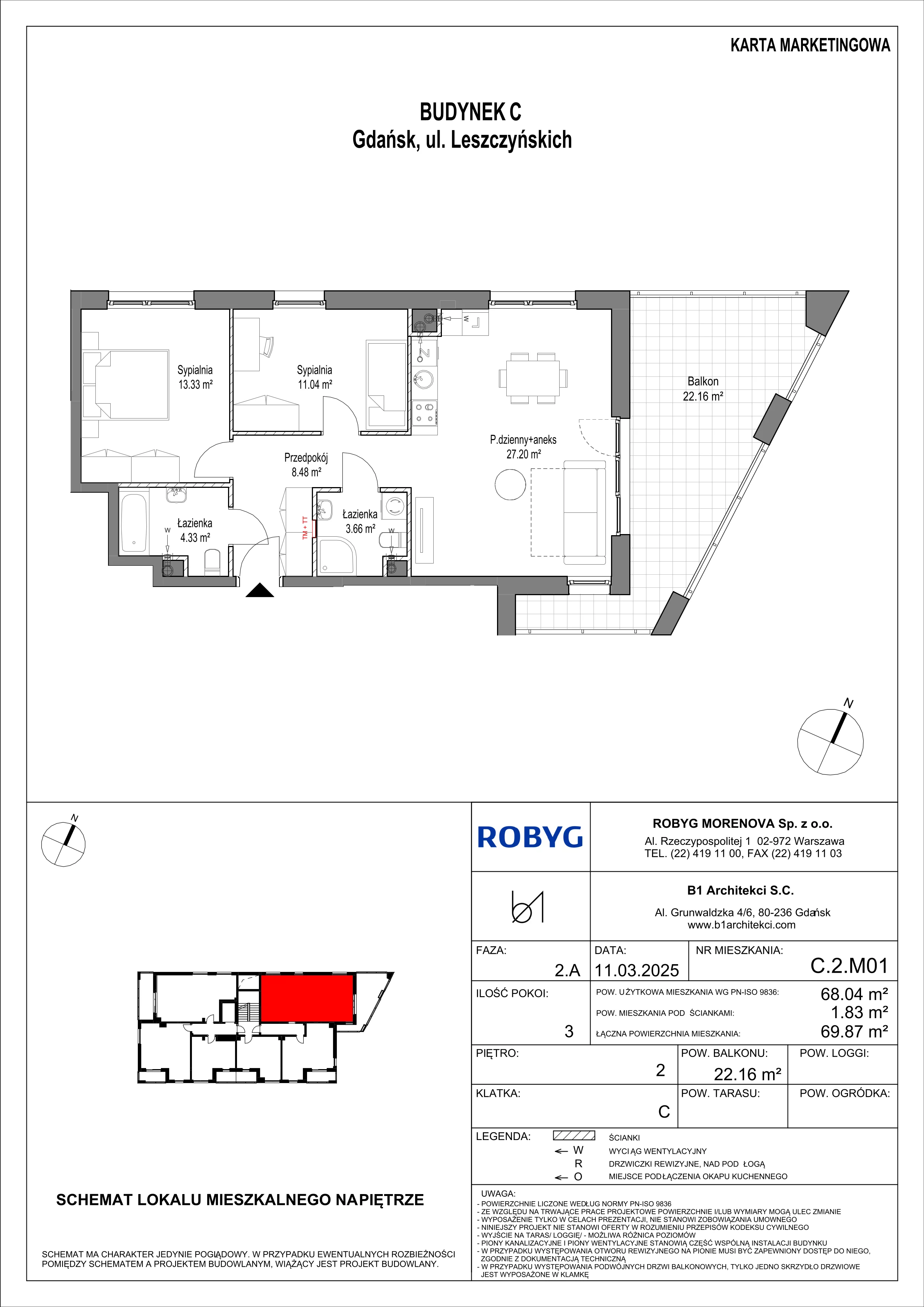 3 pokoje, mieszkanie 68,04 m², piętro 2, oferta nr C.2M01, Leszczyńskich 2, Gdańsk, Zaspa, Zaspa-Rozstaje, ul. Leszczyńskich 2