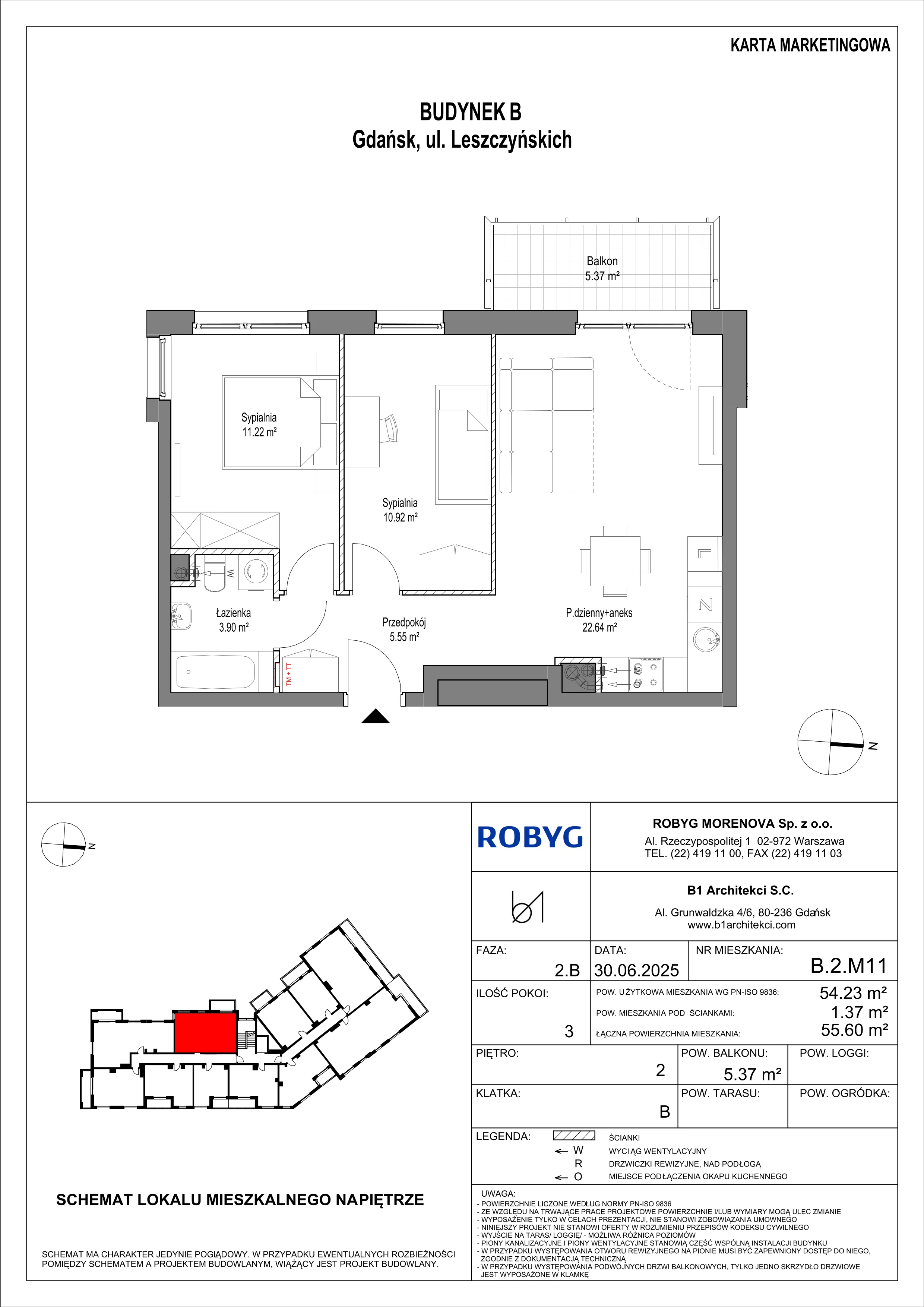 3 pokoje, mieszkanie 54,23 m², piętro 2, oferta nr B.2M11, Leszczyńskich 2, Gdańsk, Zaspa, Zaspa-Rozstaje, ul. Leszczyńskich 2