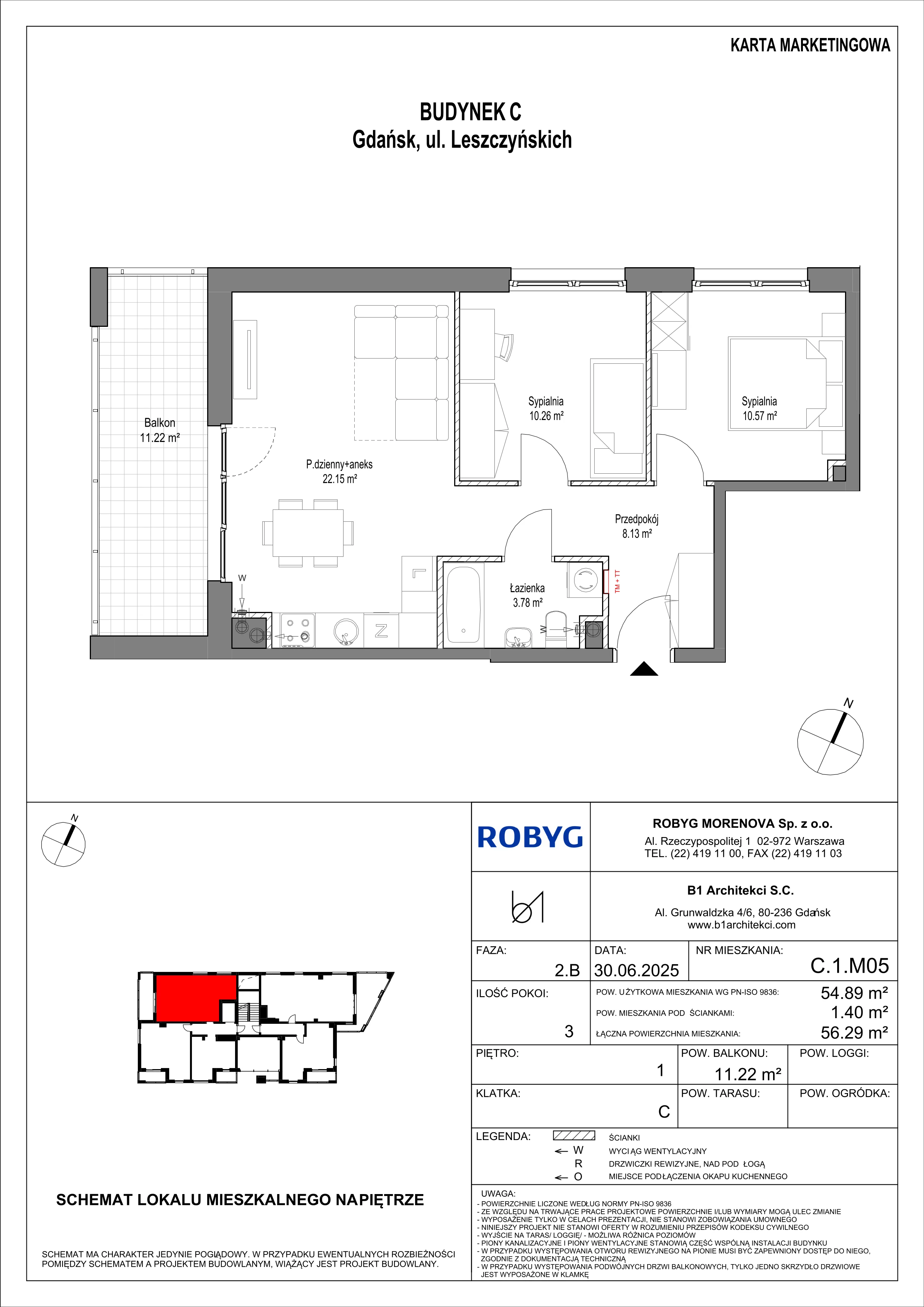 3 pokoje, mieszkanie 54,89 m², piętro 1, oferta nr C.1M05, Leszczyńskich 2, Gdańsk, Zaspa, Zaspa-Rozstaje, ul. Leszczyńskich 2