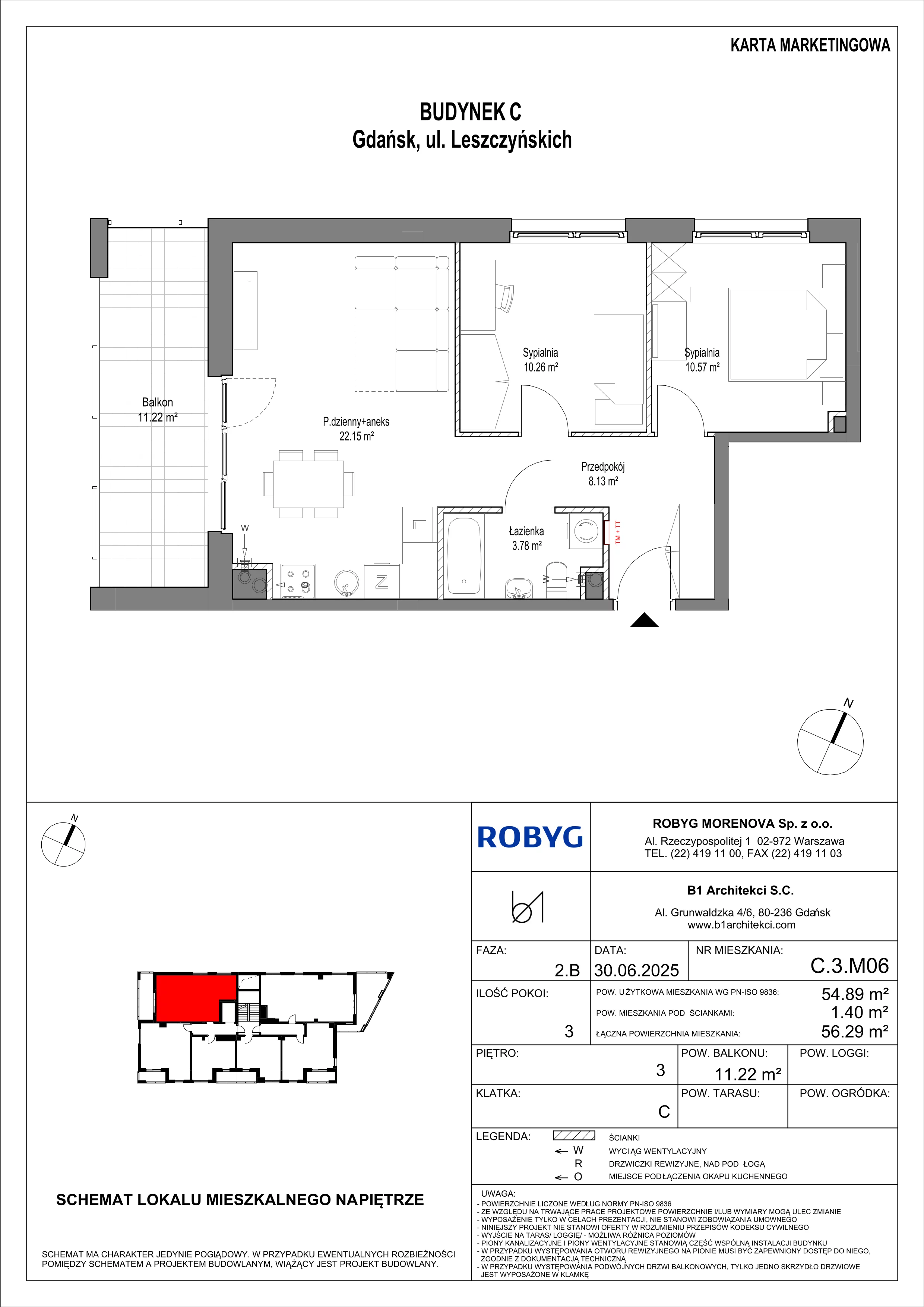 3 pokoje, mieszkanie 54,89 m², piętro 3, oferta nr C.3M06, Leszczyńskich 2, Gdańsk, Zaspa, Zaspa-Rozstaje, ul. Leszczyńskich 2