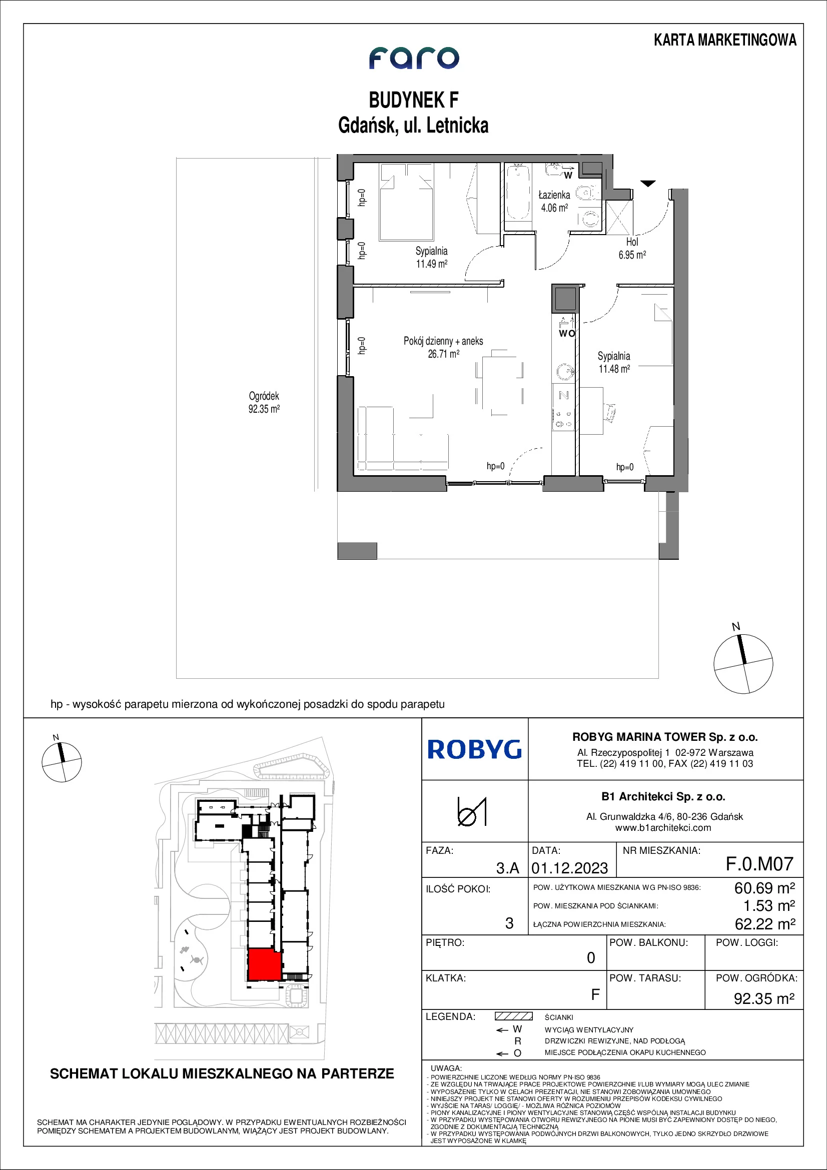 Mieszkanie 60,69 m², parter, oferta nr F.0M07, FARO, Gdańsk, Nowy Port, ul. Letnicka