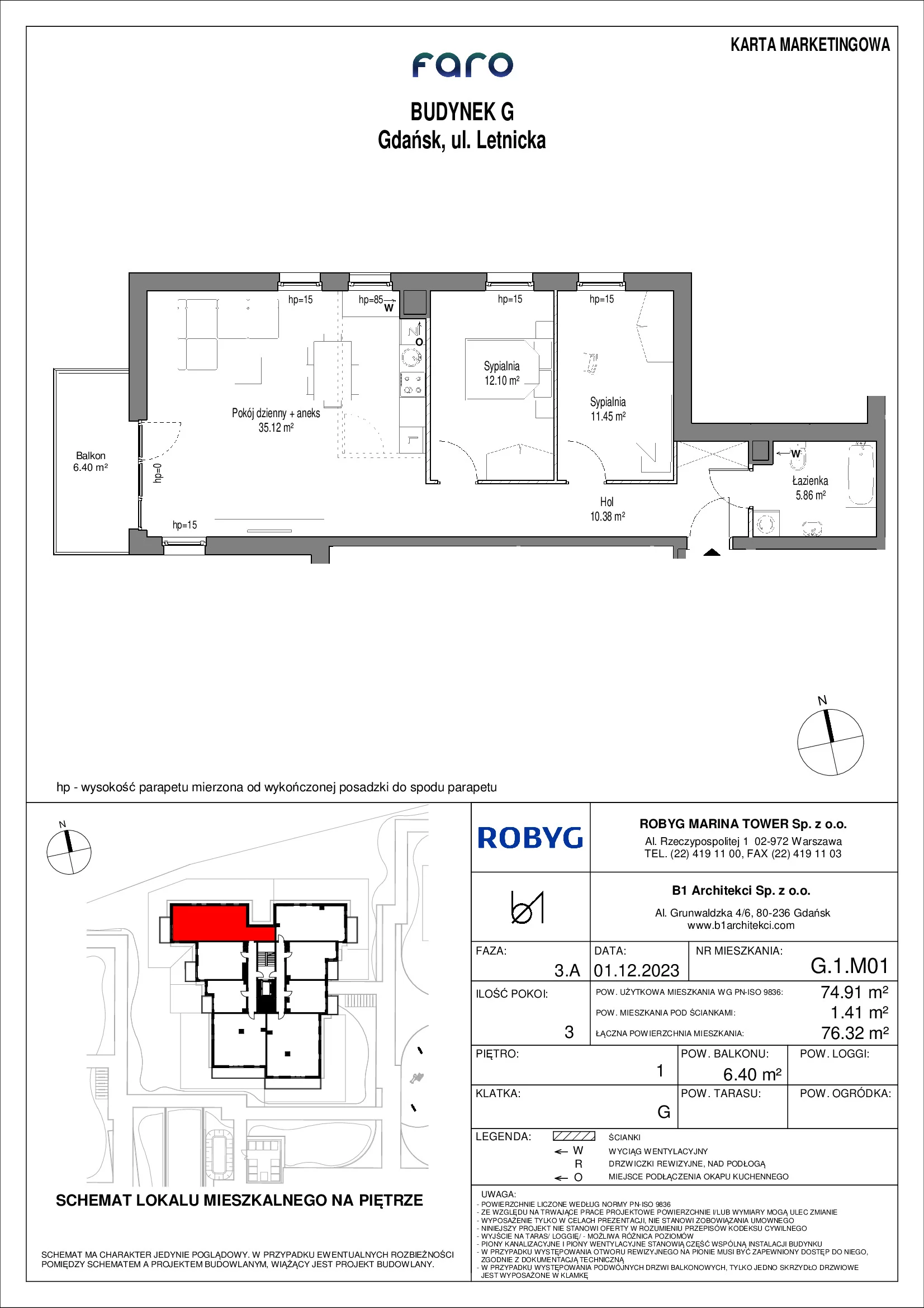 Mieszkanie 74,91 m², piętro 1, oferta nr G.1M01, FARO, Gdańsk, Nowy Port, ul. Letnicka