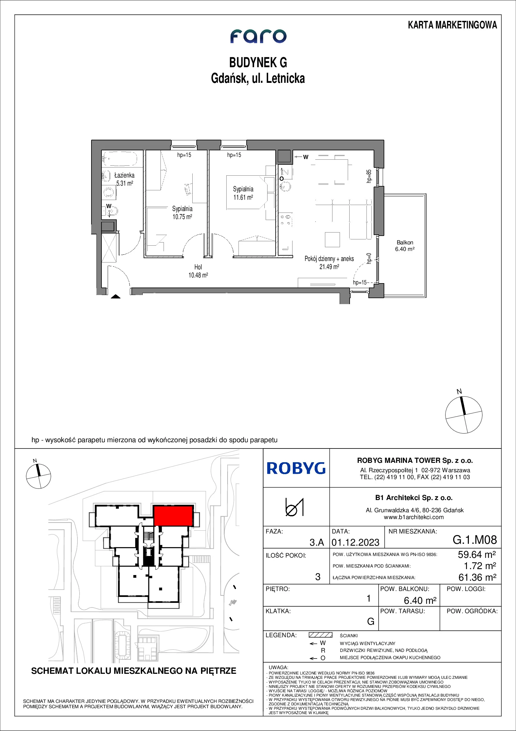 Mieszkanie 59,64 m², piętro 1, oferta nr G.1M08, FARO, Gdańsk, Nowy Port, ul. Letnicka