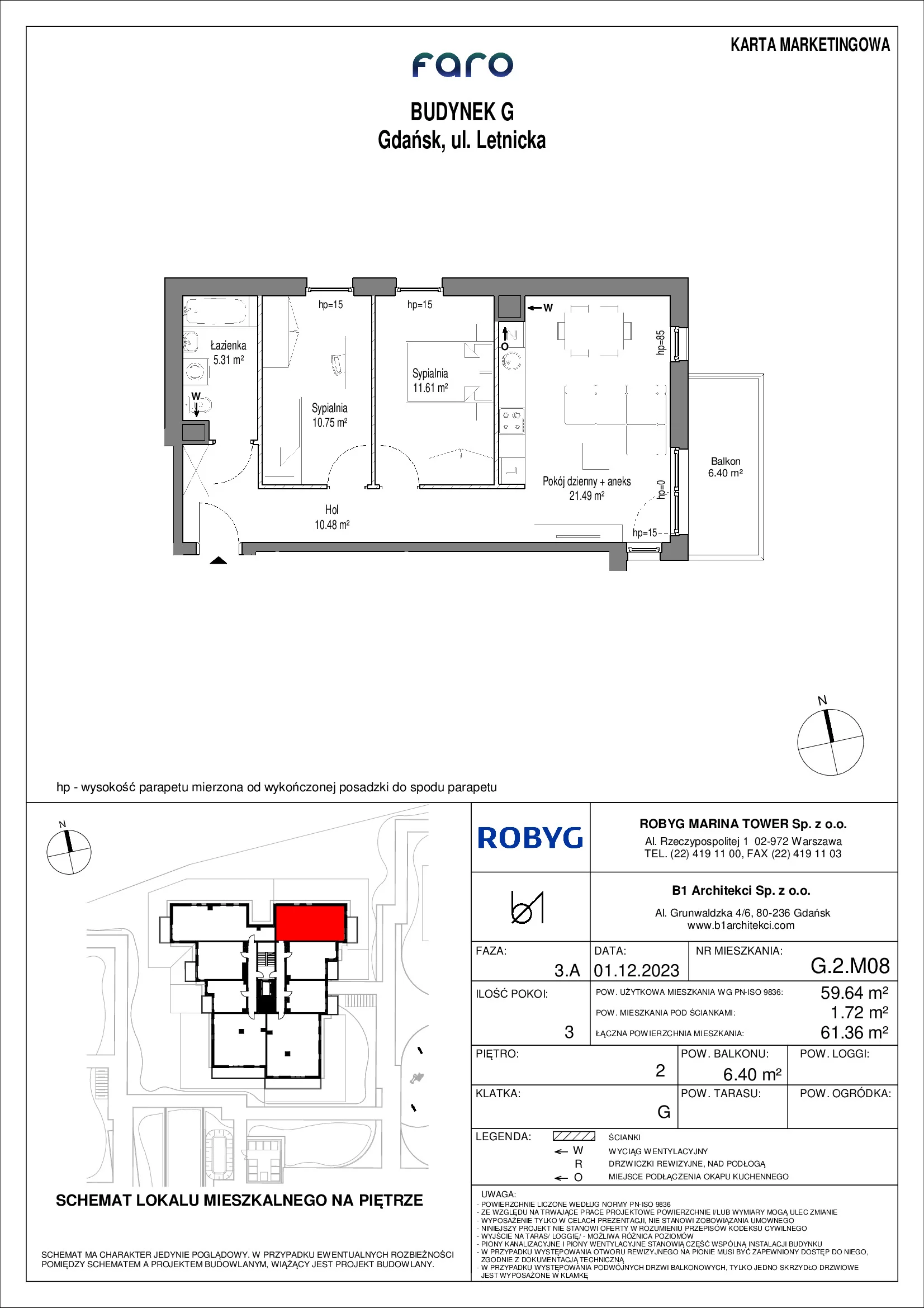 Mieszkanie 59,64 m², piętro 2, oferta nr G.2M08, FARO, Gdańsk, Nowy Port, ul. Letnicka