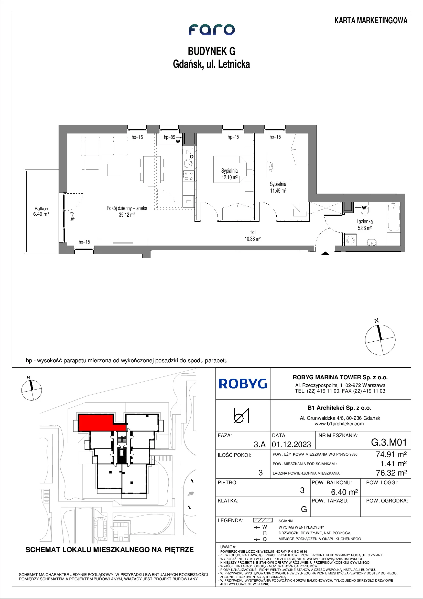 Mieszkanie 74,91 m², piętro 3, oferta nr G.3M01, FARO, Gdańsk, Nowy Port, ul. Letnicka