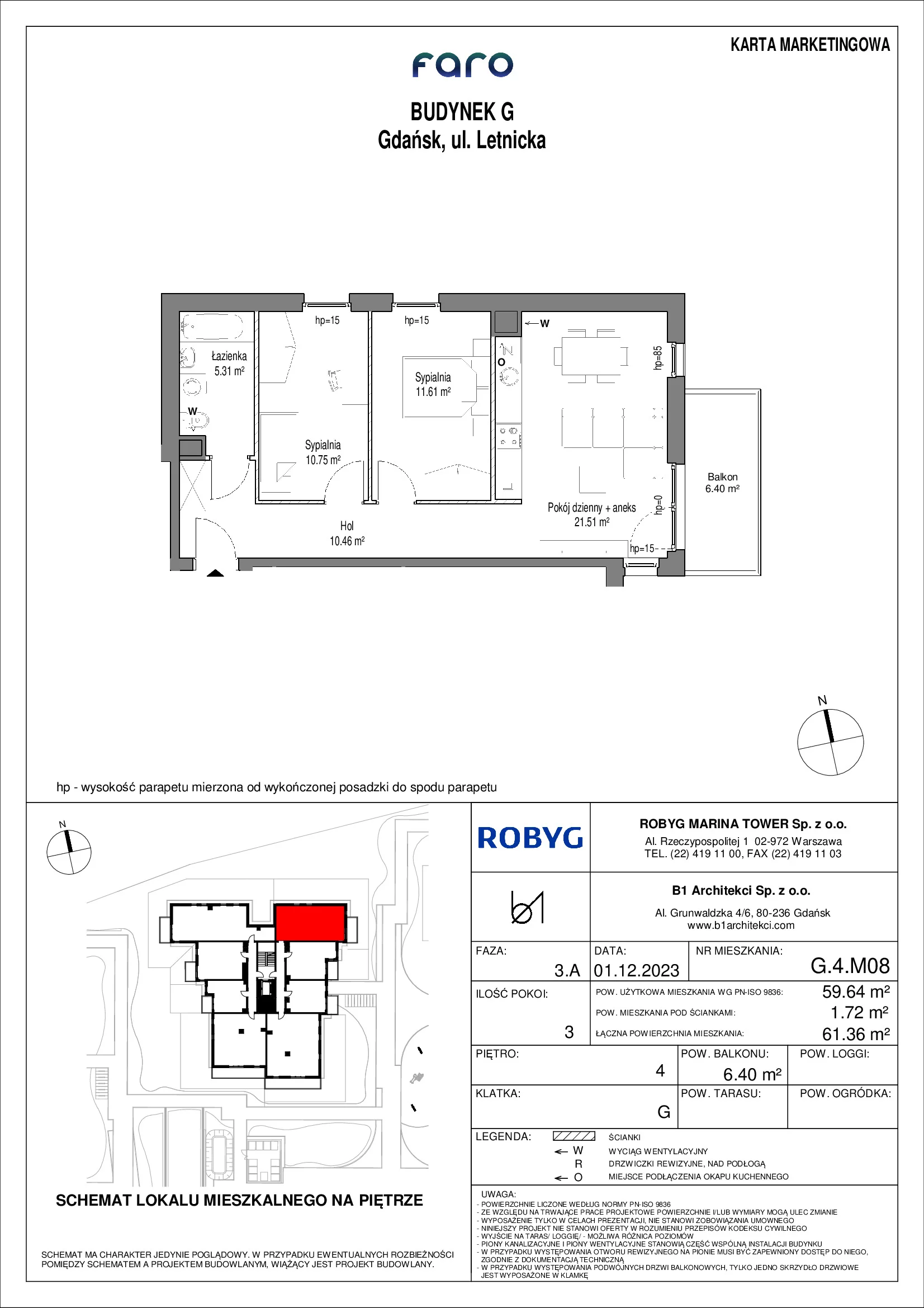 Mieszkanie 59,64 m², piętro 4, oferta nr G.4M08, FARO, Gdańsk, Nowy Port, ul. Letnicka