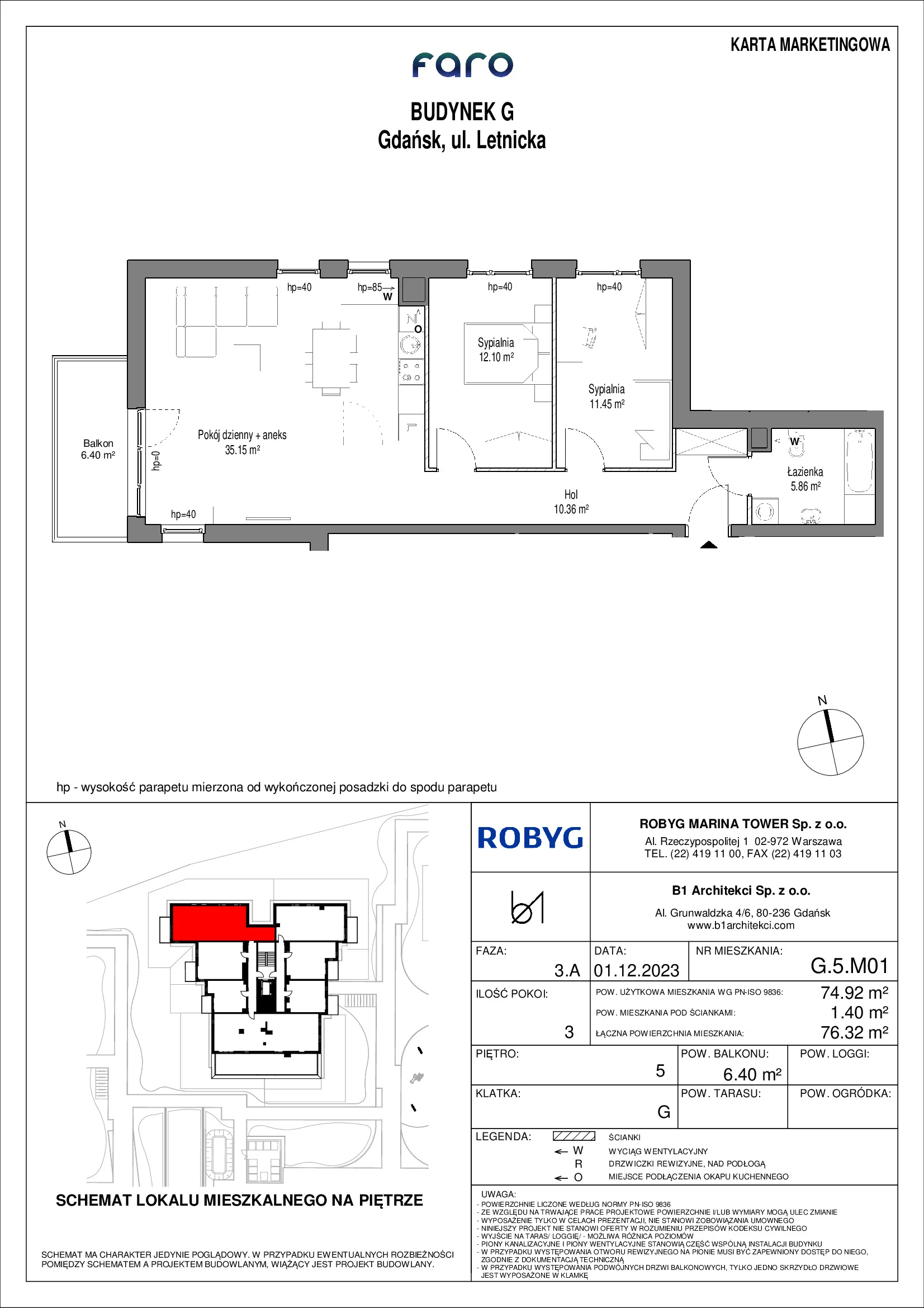 Mieszkanie 74,92 m², piętro 5, oferta nr G.5M01, FARO, Gdańsk, Nowy Port, ul. Letnicka