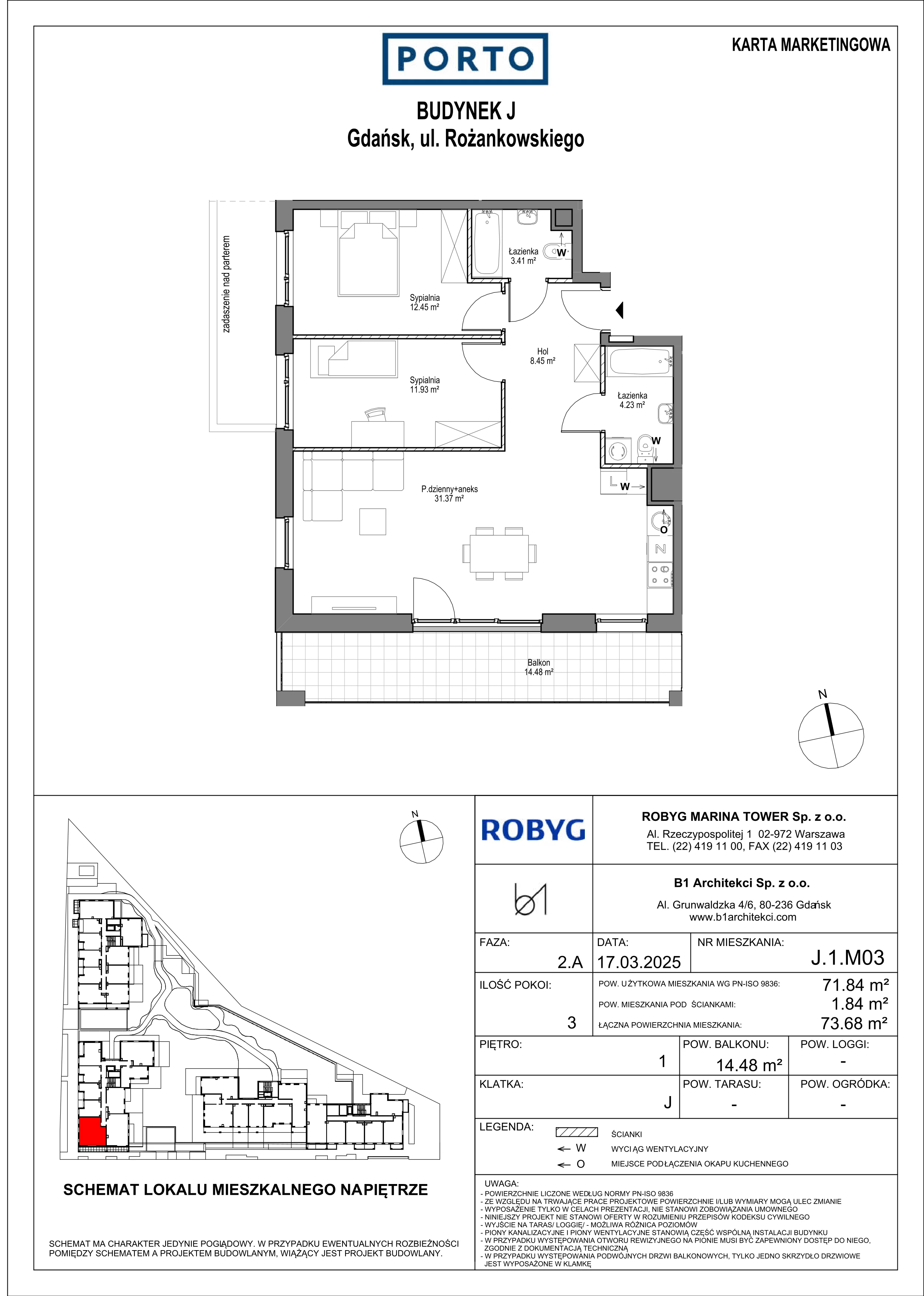 3 pokoje, mieszkanie 71,84 m², piętro 1, oferta nr J.1M03, PORTO, Gdańsk, Nowy Port, ul. Letnicka