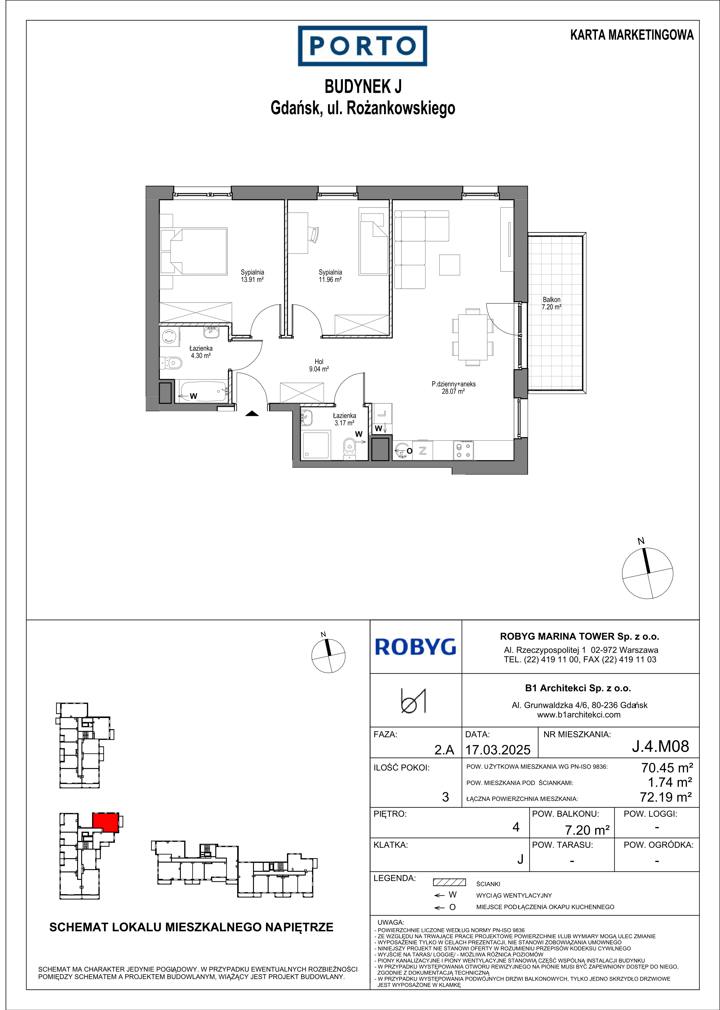 3 pokoje, mieszkanie 70,45 m², piętro 4, oferta nr J.4M08, PORTO, Gdańsk, Nowy Port, ul. Letnicka