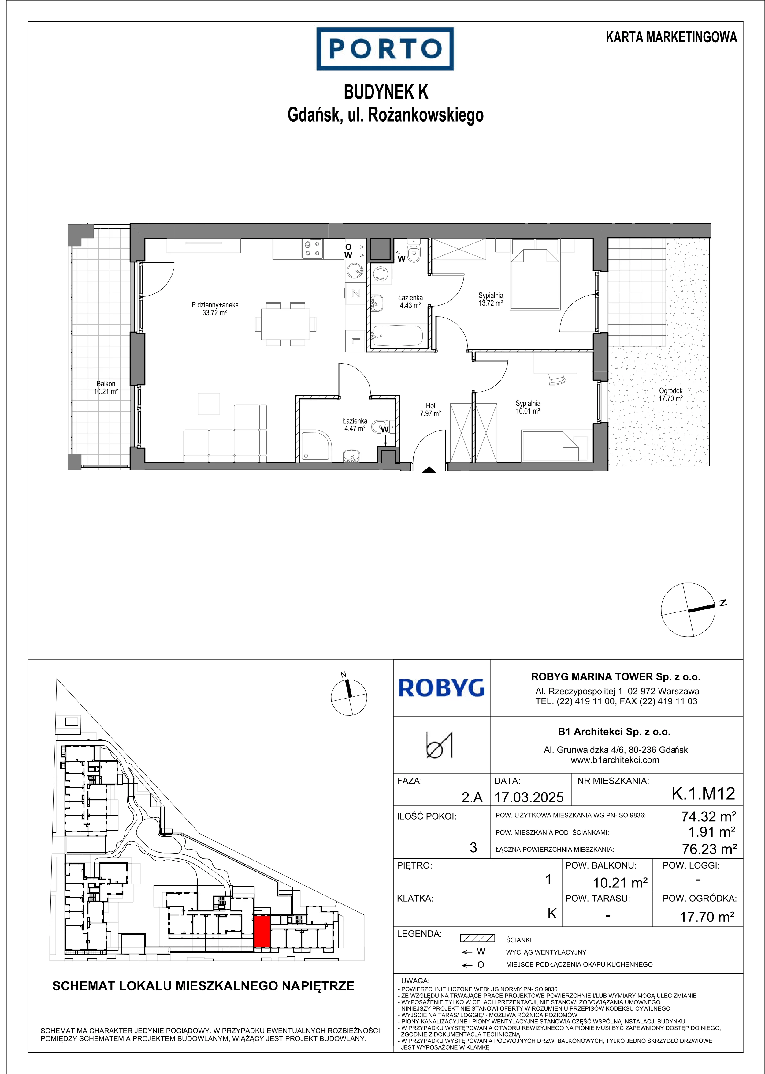 3 pokoje, mieszkanie 74,32 m², piętro 1, oferta nr K.1M12, PORTO, Gdańsk, Nowy Port, ul. Letnicka