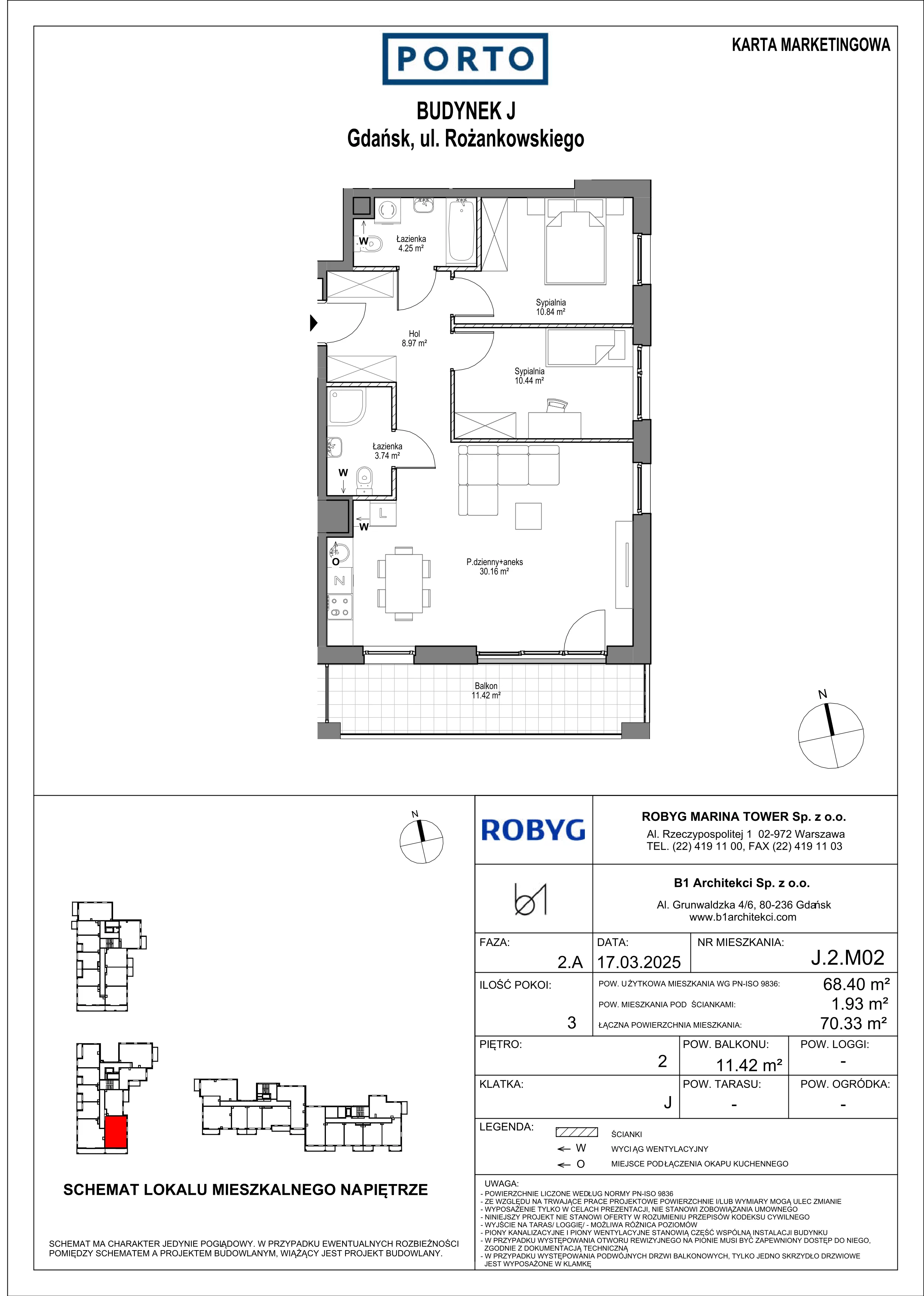 3 pokoje, mieszkanie 68,40 m², piętro 2, oferta nr J.2M02, PORTO, Gdańsk, Nowy Port, ul. Letnicka