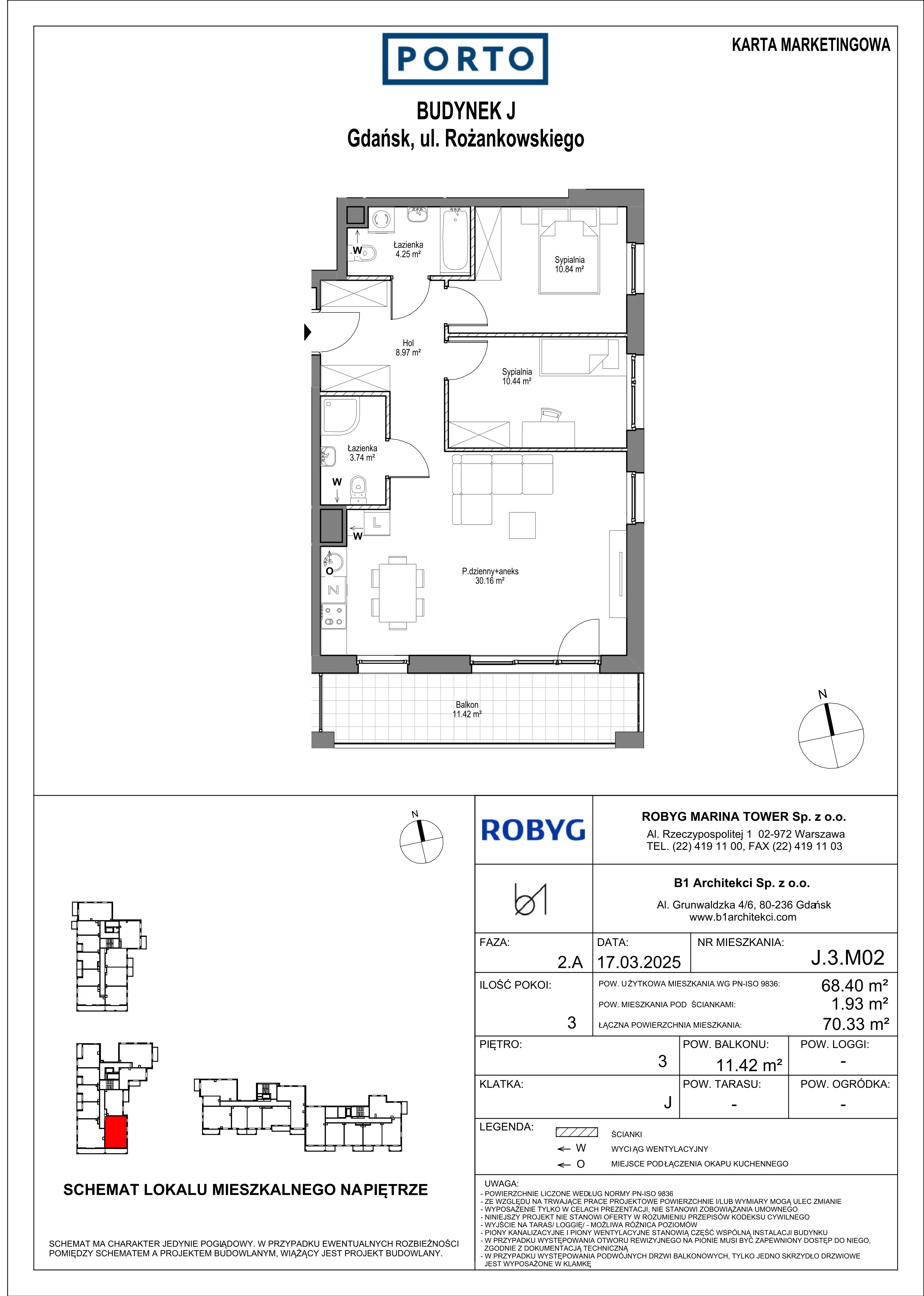 3 pokoje, mieszkanie 68,40 m², piętro 3, oferta nr J.3M02, PORTO, Gdańsk, Nowy Port, ul. Letnicka