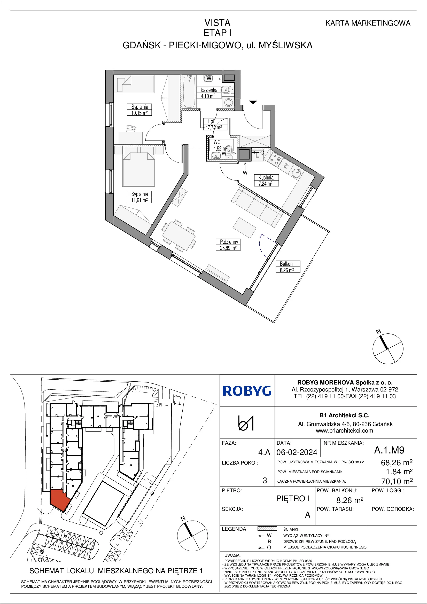 Mieszkanie 68,26 m², piętro 1, oferta nr A.1M9, VISTA, Gdańsk, Piecki-Migowo, ul. Myśliwska 30