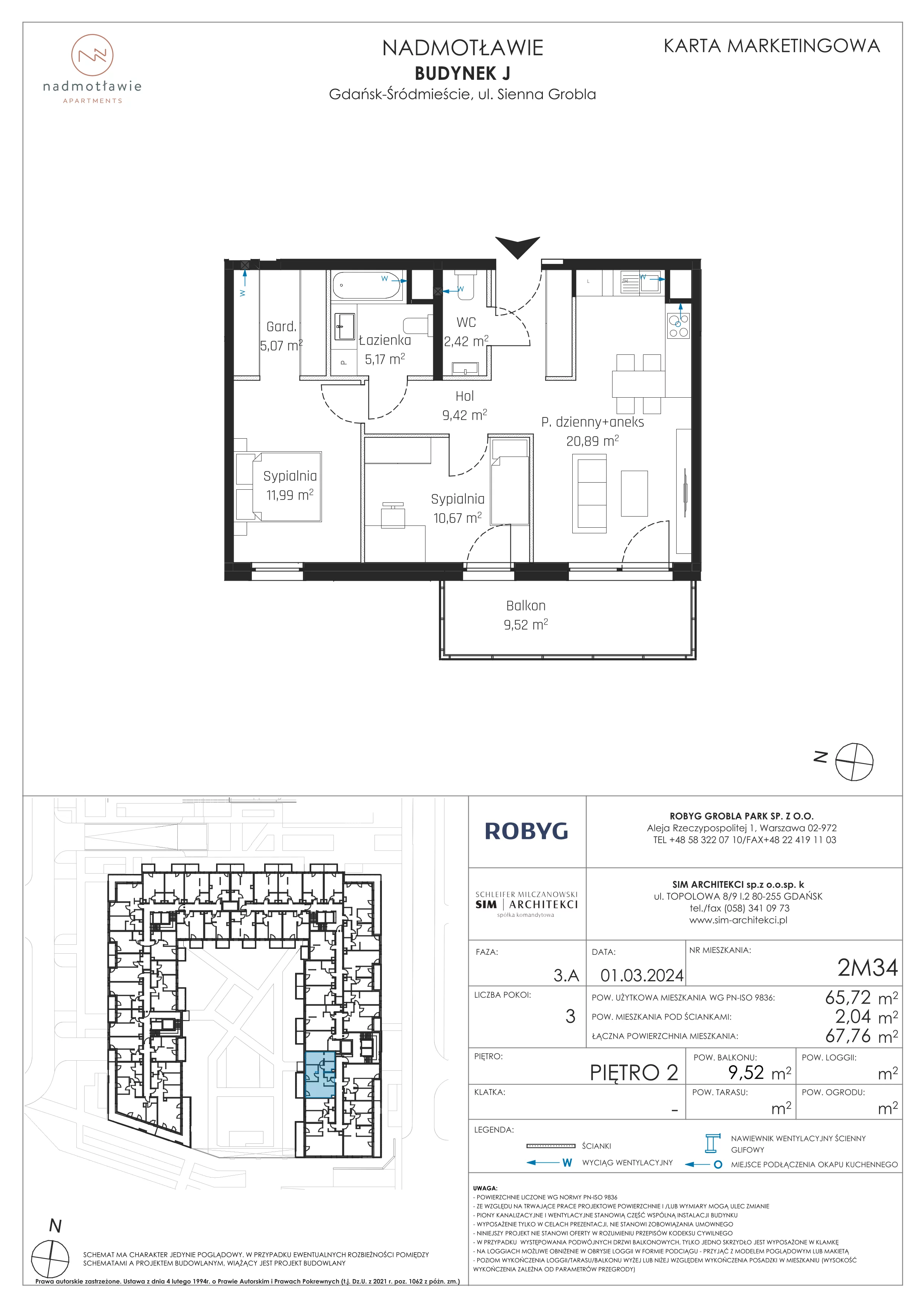 3 pokoje, mieszkanie 65,72 m², piętro 2, oferta nr J.2M34, Nadmotławie Apartments, Gdańsk, Śródmieście, ul. Sienna Grobla