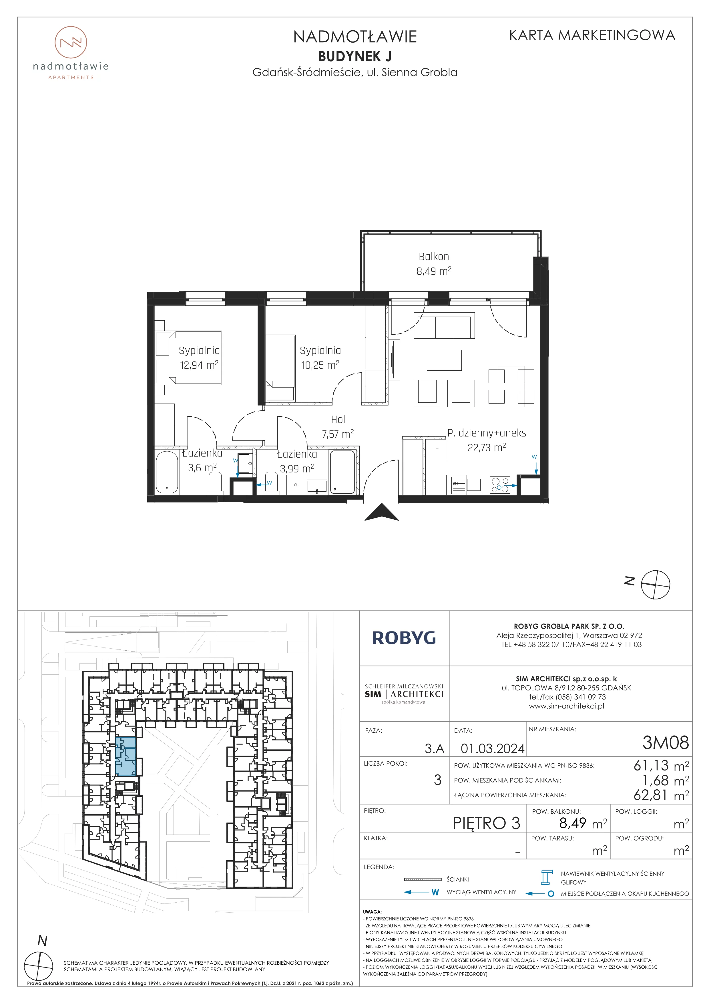 3 pokoje, mieszkanie 61,13 m², piętro 3, oferta nr J.3M08, Nadmotławie Apartments, Gdańsk, Śródmieście, ul. Sienna Grobla