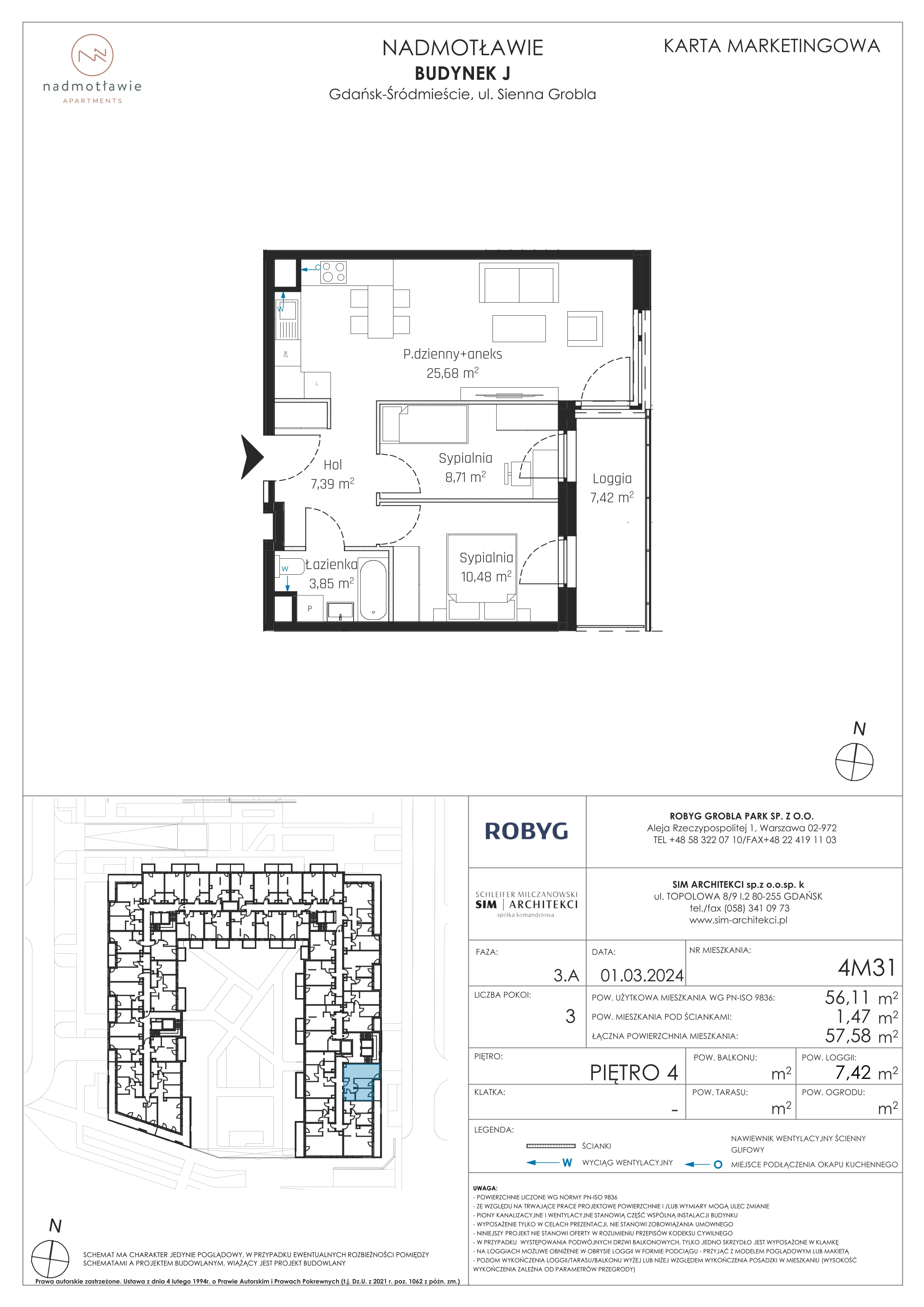 3 pokoje, mieszkanie 56,11 m², piętro 4, oferta nr J.4M31, Nadmotławie Apartments, Gdańsk, Śródmieście, ul. Sienna Grobla