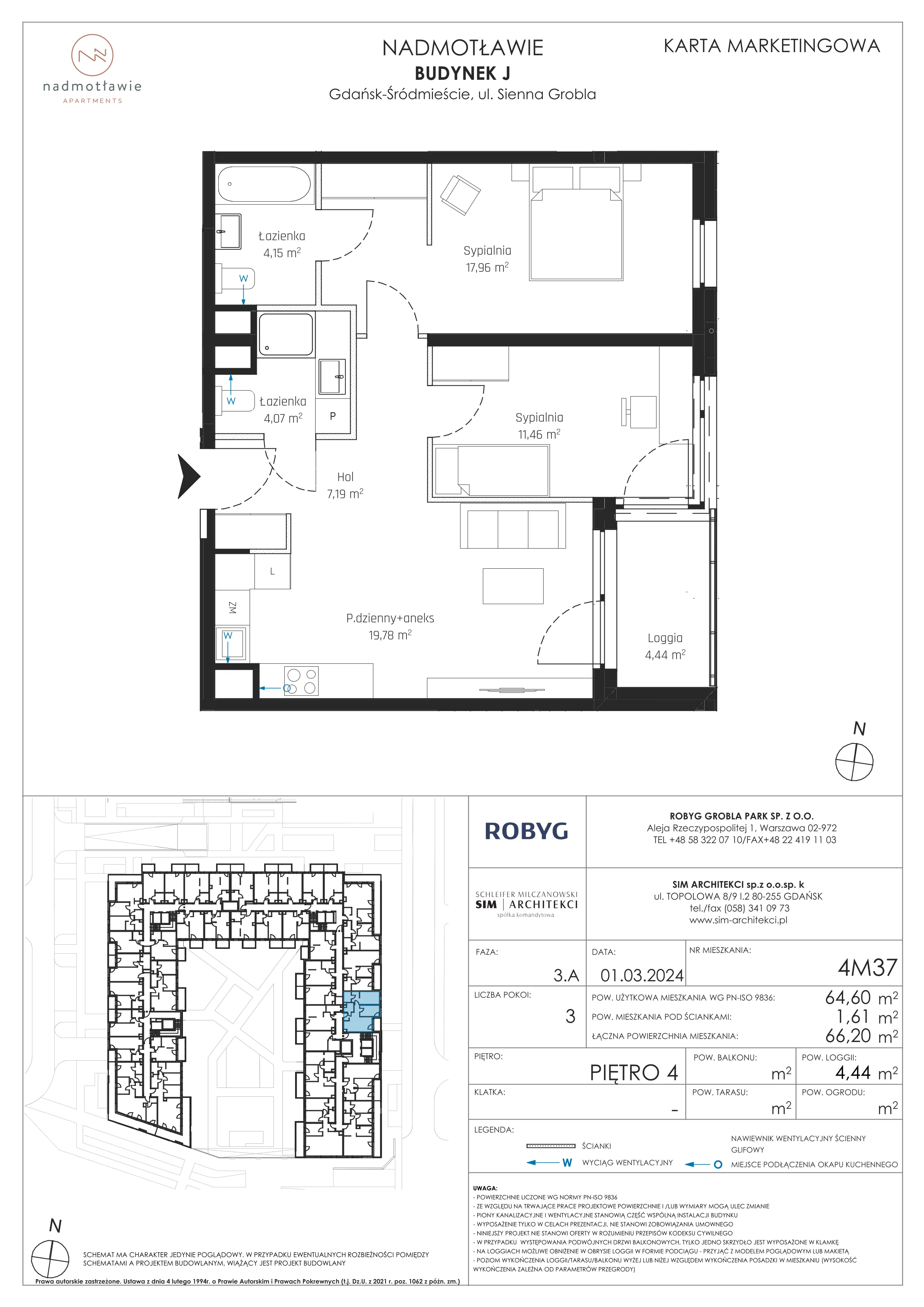 3 pokoje, mieszkanie 64,60 m², piętro 4, oferta nr J.4M37, Nadmotławie Apartments, Gdańsk, Śródmieście, ul. Sienna Grobla