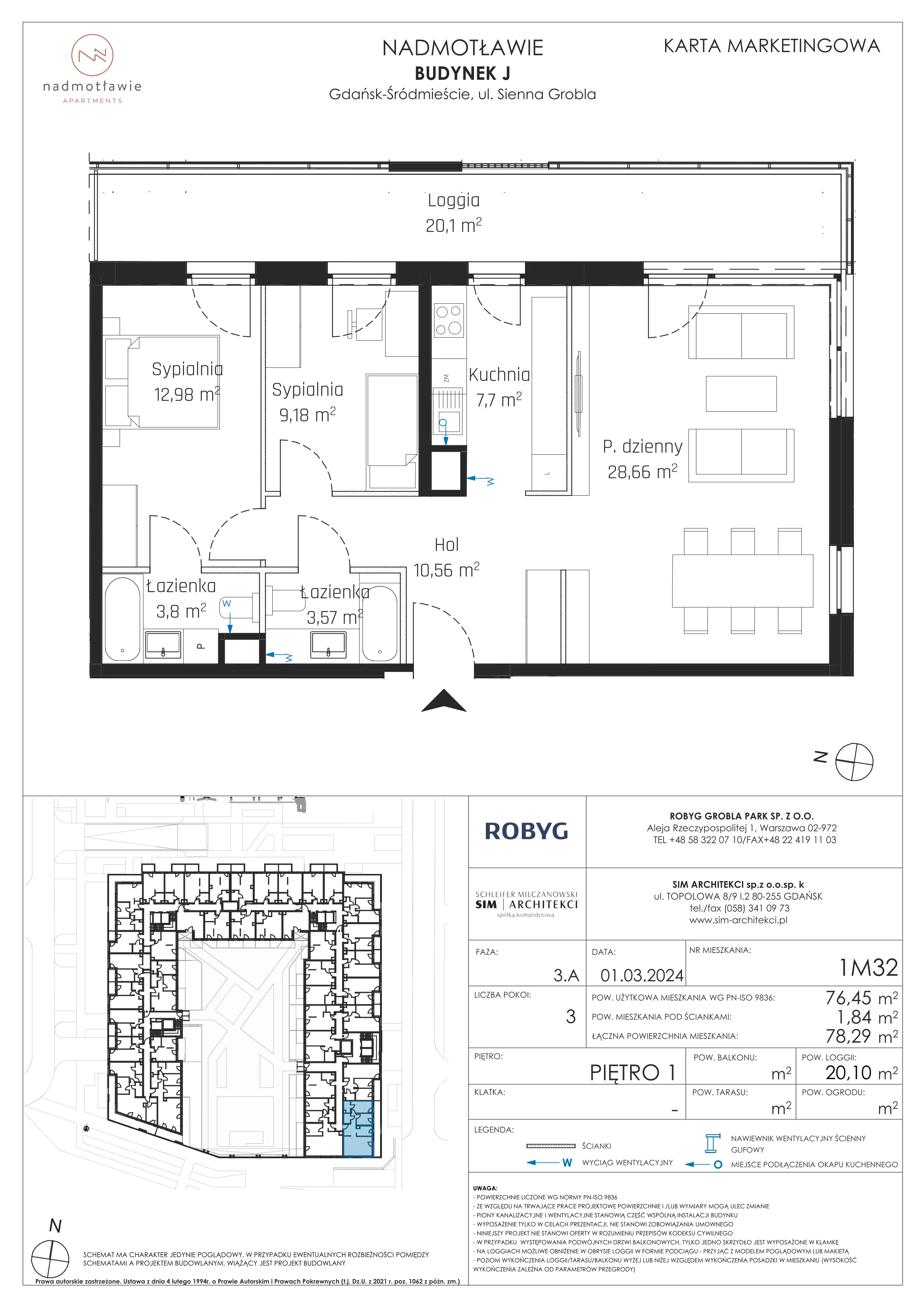 3 pokoje, mieszkanie 76,45 m², piętro 1, oferta nr J.1M32, Nadmotławie Apartments, Gdańsk, Śródmieście, ul. Sienna Grobla