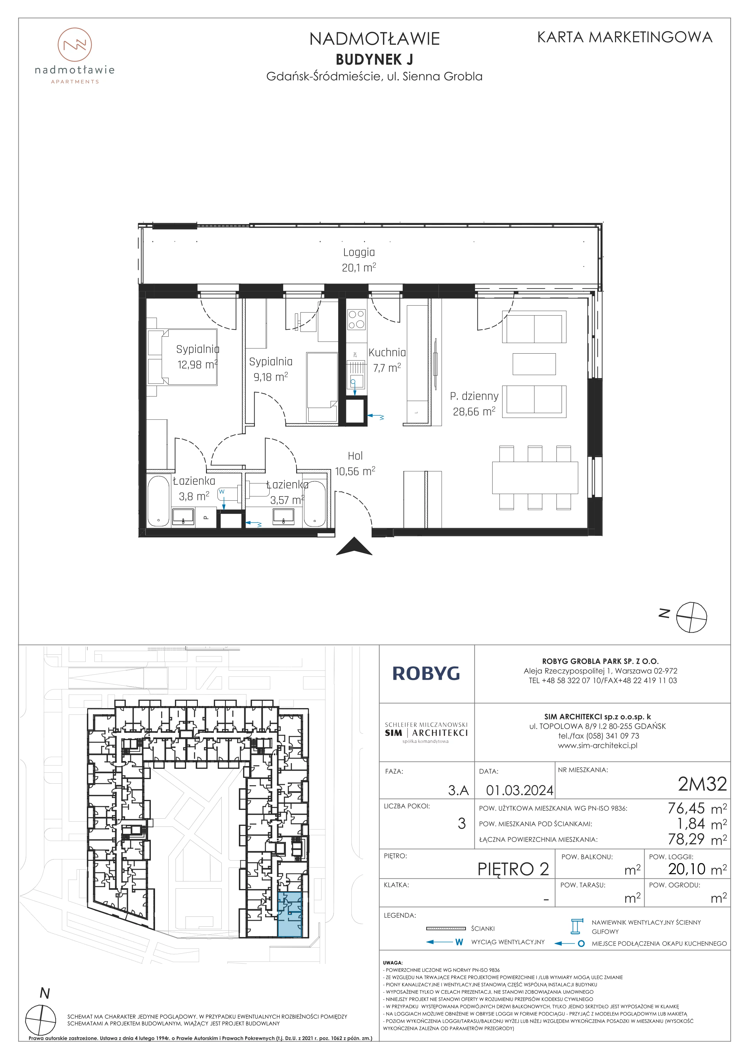 3 pokoje, mieszkanie 76,45 m², piętro 2, oferta nr J.2M32, Nadmotławie Apartments, Gdańsk, Śródmieście, ul. Sienna Grobla