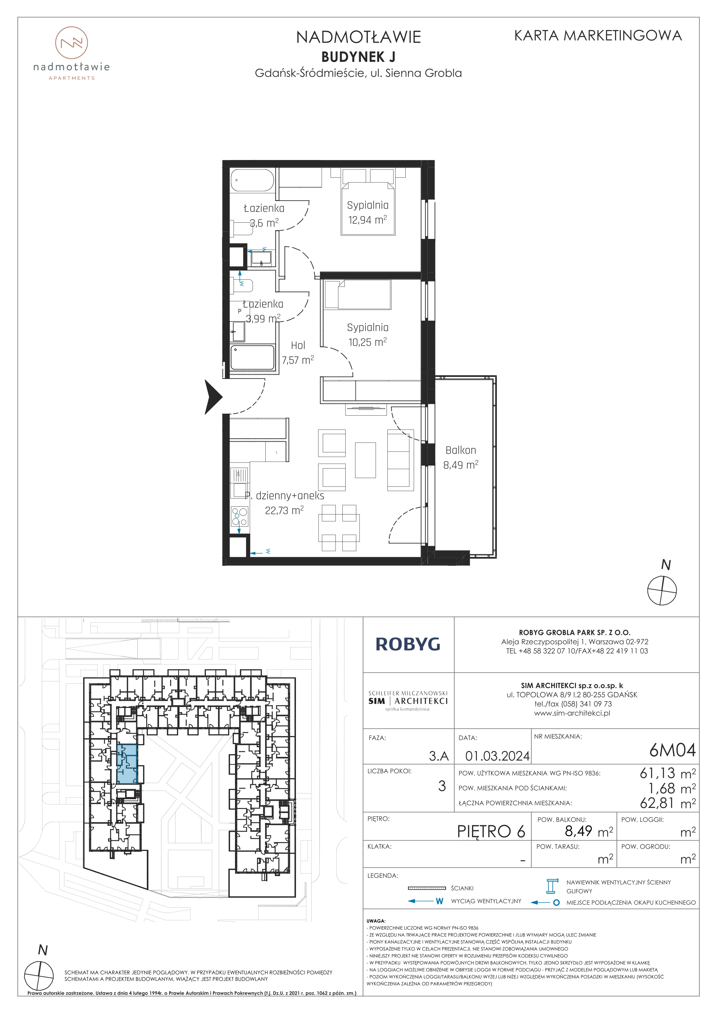 3 pokoje, mieszkanie 61,13 m², piętro 6, oferta nr J.6M04, Nadmotławie Apartments Budynek J, Gdańsk, Śródmieście, ul. Sienna Grobla
