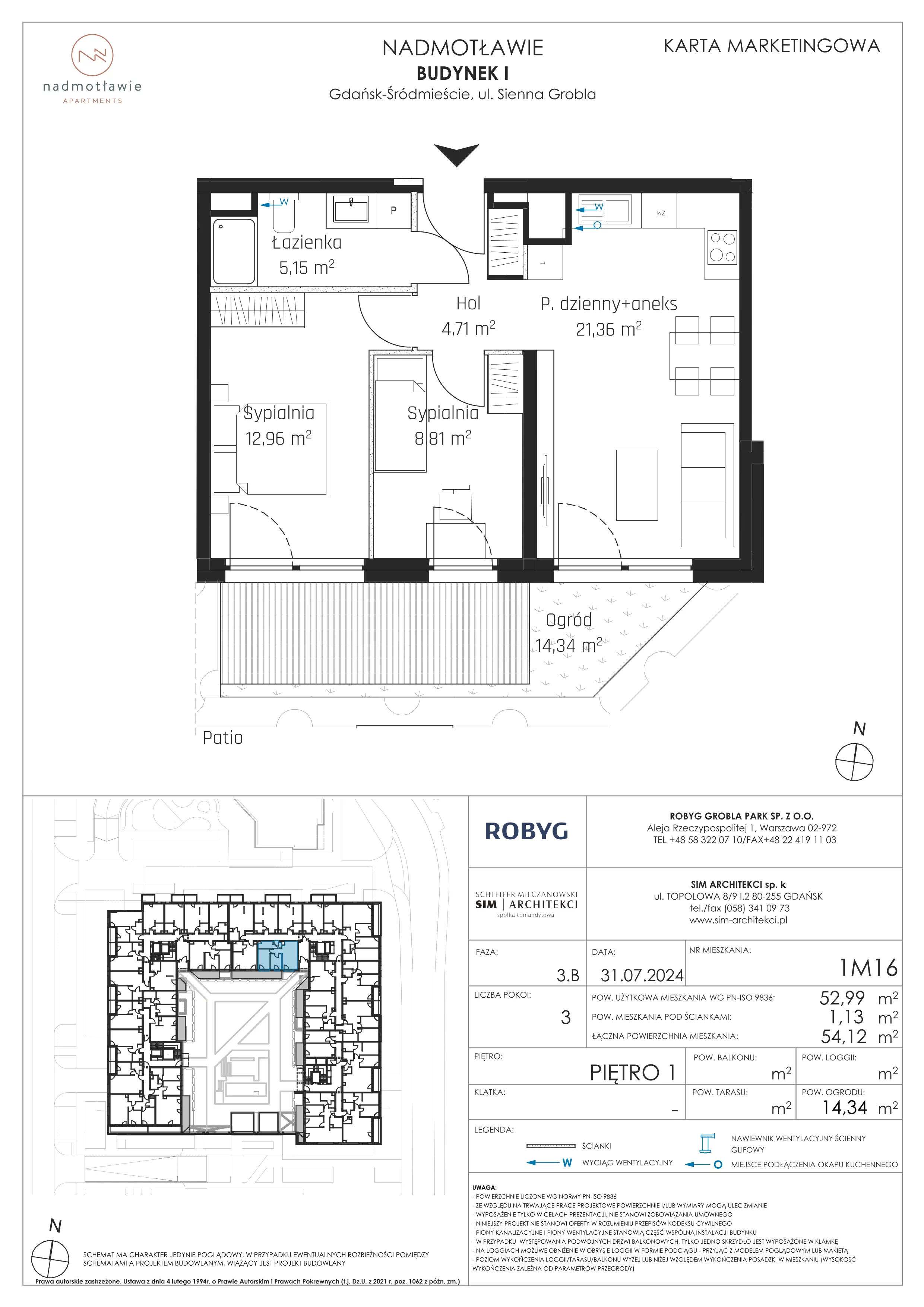 3 pokoje, mieszkanie 52,99 m², piętro 1, oferta nr I.1M16, Nadmotławie Apartments Budynek I, Gdańsk, Śródmieście, ul. Sienna Grobla