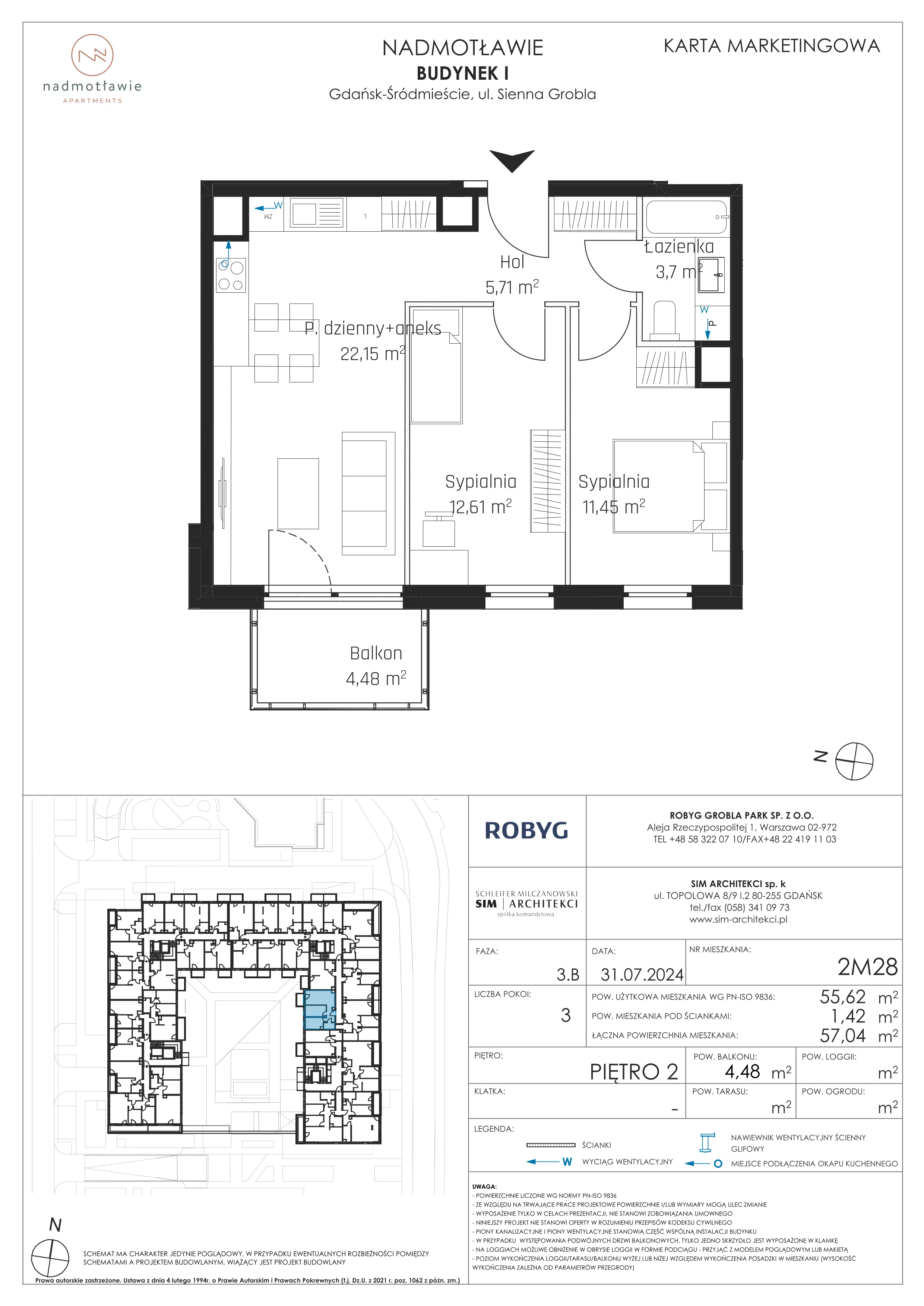 3 pokoje, mieszkanie 55,62 m², piętro 2, oferta nr I.2M28, Nadmotławie Apartments Budynek I, Gdańsk, Śródmieście, ul. Sienna Grobla