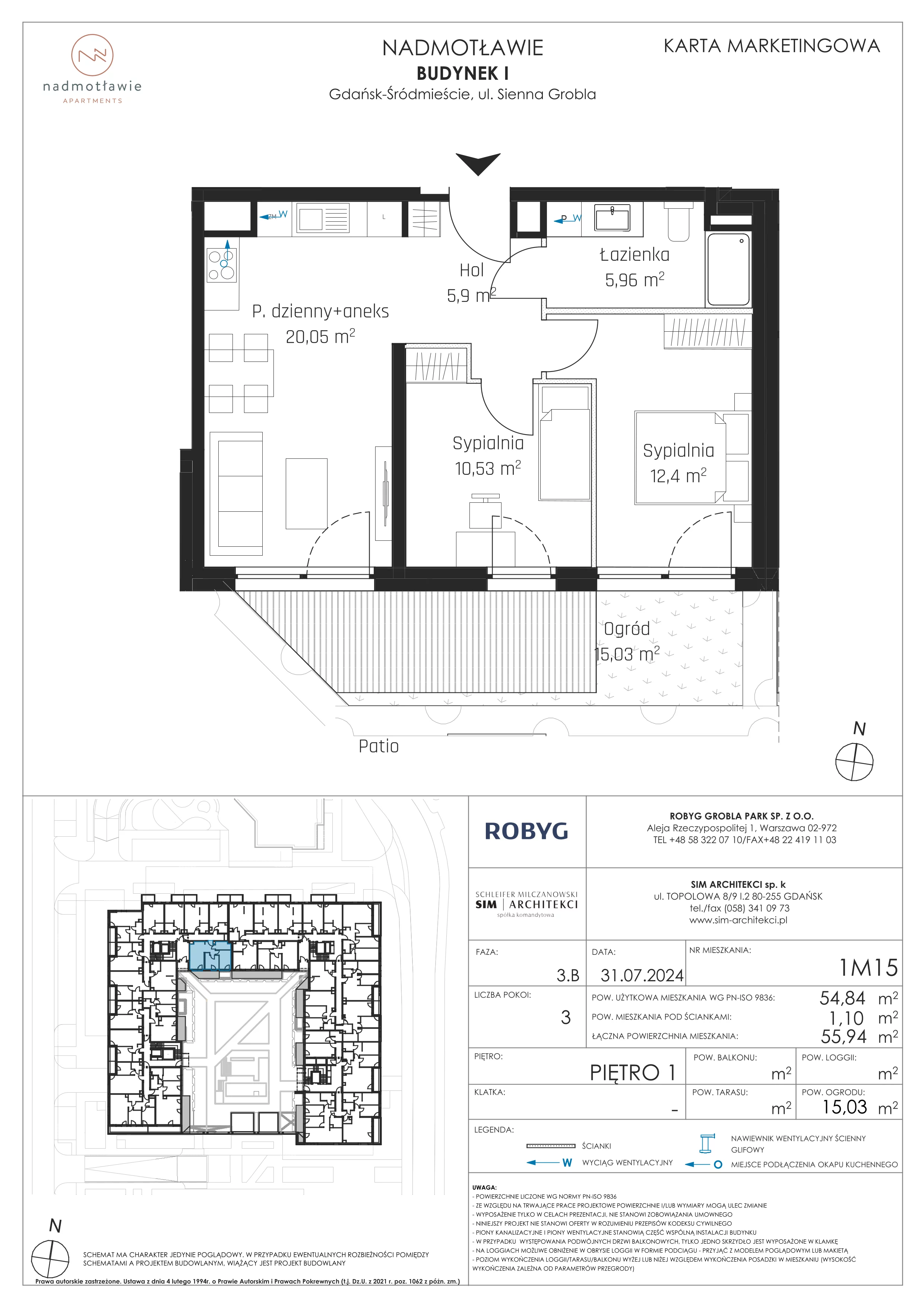 3 pokoje, mieszkanie 54,84 m², piętro 1, oferta nr I.1M15, Nadmotławie Apartments Budynek I, Gdańsk, Śródmieście, ul. Sienna Grobla