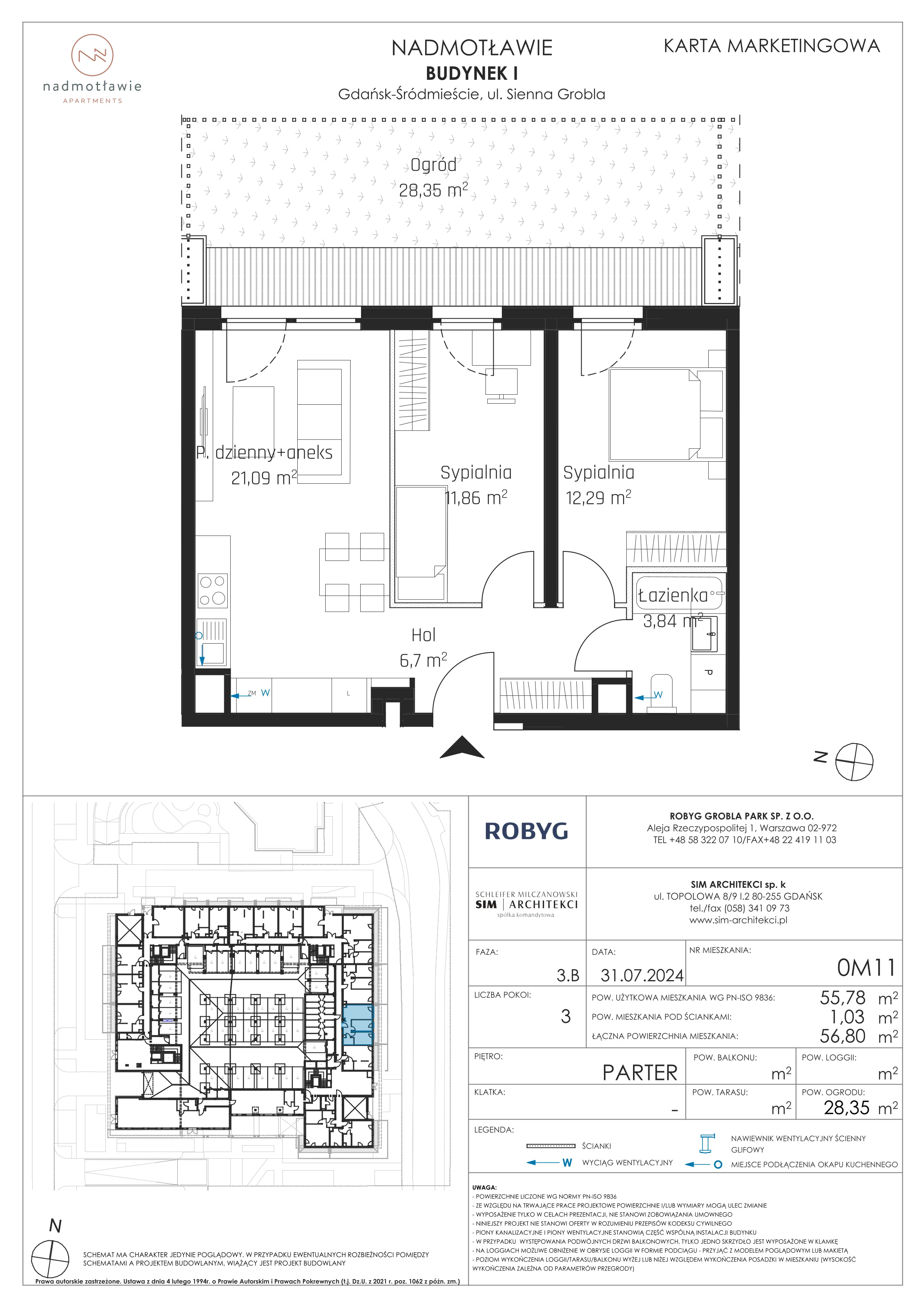 3 pokoje, mieszkanie 55,78 m², parter, oferta nr I.0M11, Nadmotławie Apartments Budynek I, Gdańsk, Śródmieście, ul. Sienna Grobla