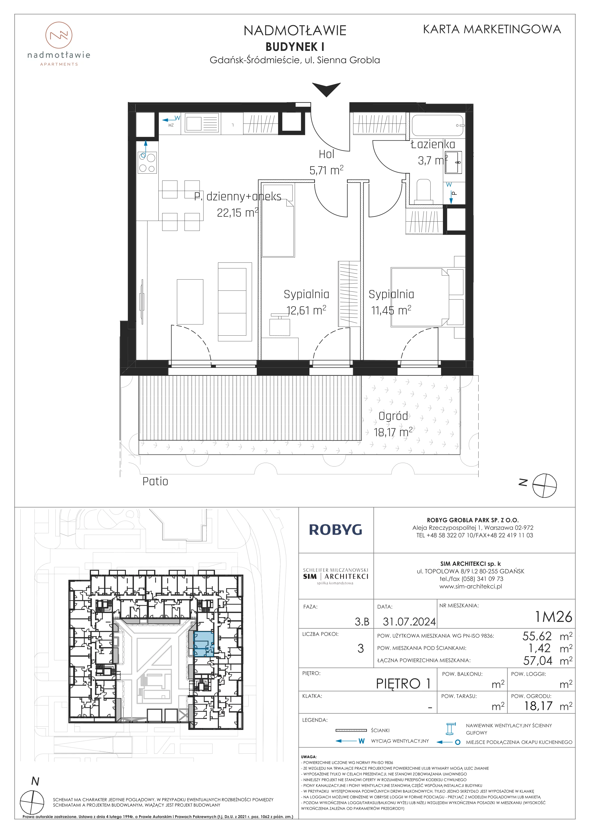 3 pokoje, mieszkanie 55,62 m², piętro 1, oferta nr I.1M26, Nadmotławie Apartments Budynek I, Gdańsk, Śródmieście, ul. Sienna Grobla